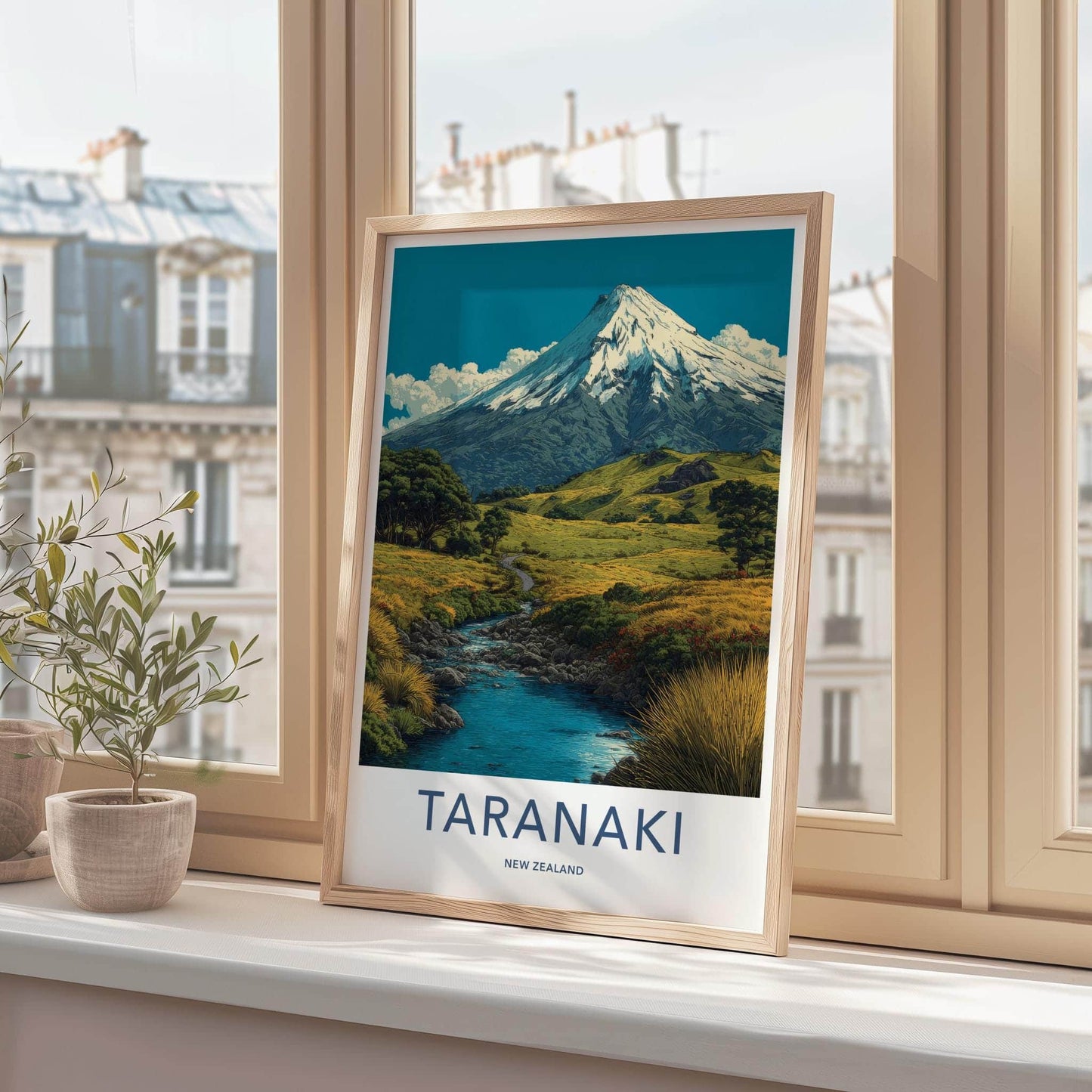 Taranaki Poster - New Zealand Wall Art - Snowy Peak Valley Home Decor