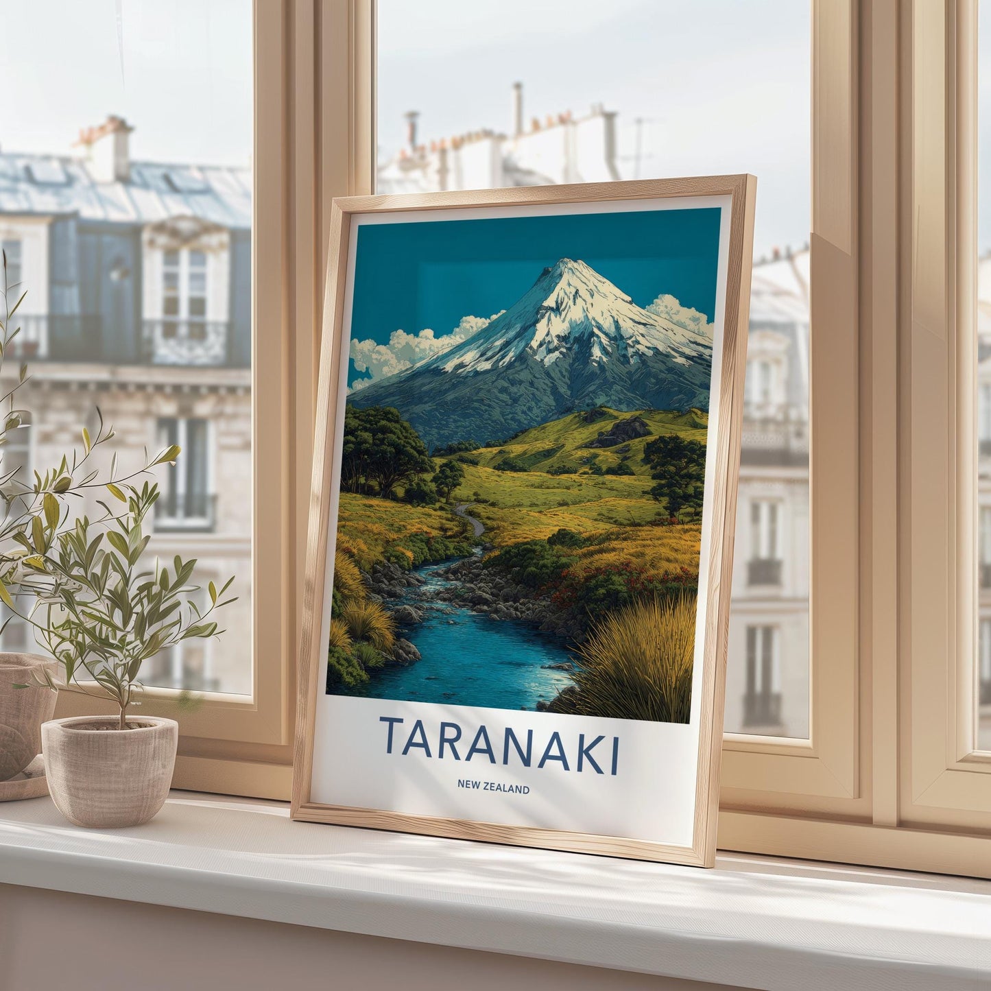 Taranaki Poster - New Zealand Wall Art - Snowy Peak Valley Home Decor