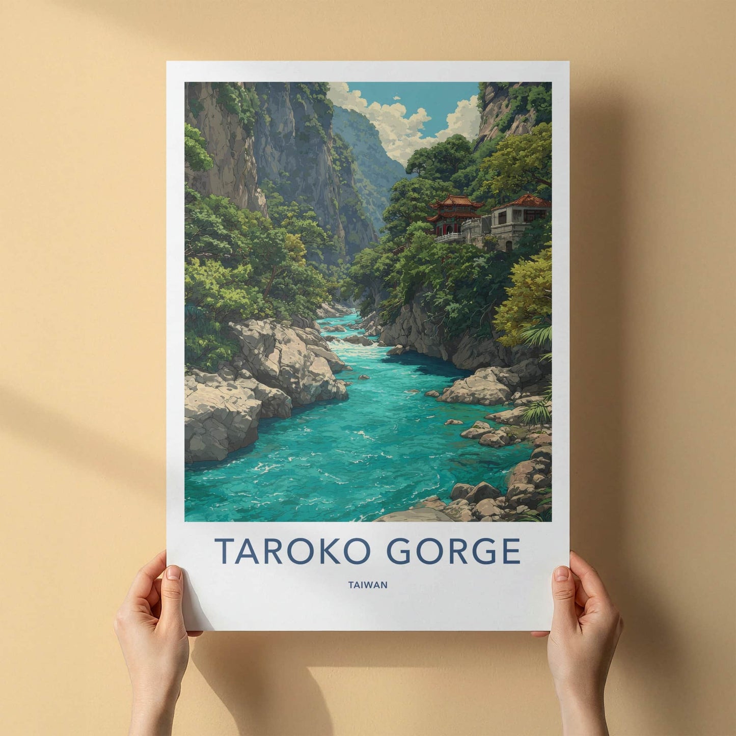 Taroko Gorge Poster - Taiwan Art Print - Mountain River Temple Home Decor