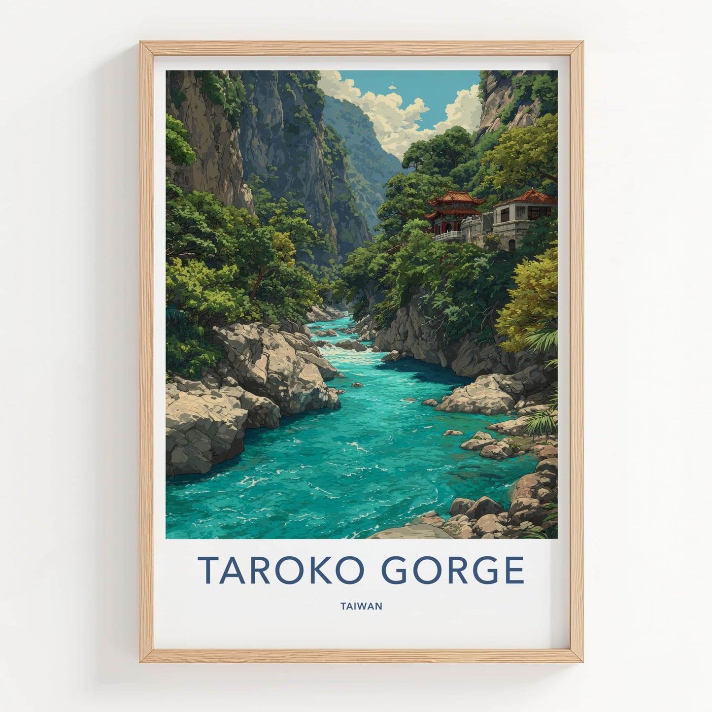 Taroko Gorge Poster - Taiwan Art Print - Mountain River Temple Home Decor