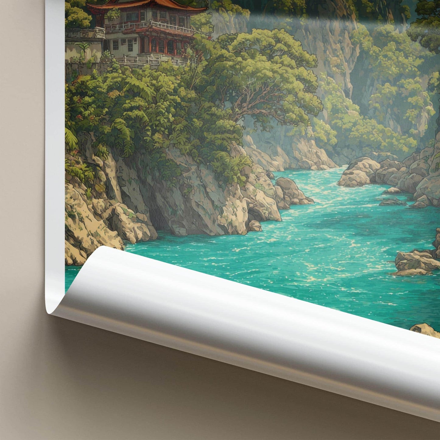 Taroko Gorge Poster - Taiwan Travel Art - Cliffside Temple River Home Decor
