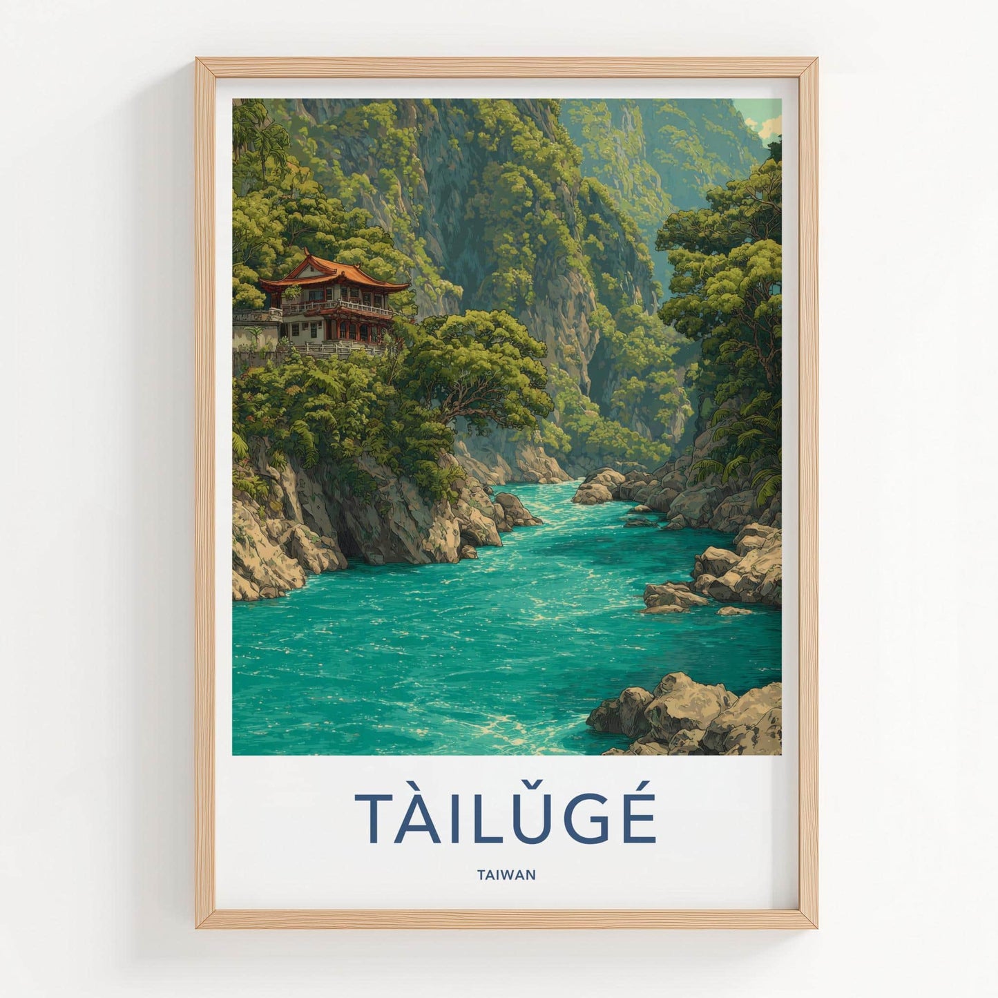 Taroko Gorge Poster - Taiwan Travel Art - Cliffside Temple River Home Decor