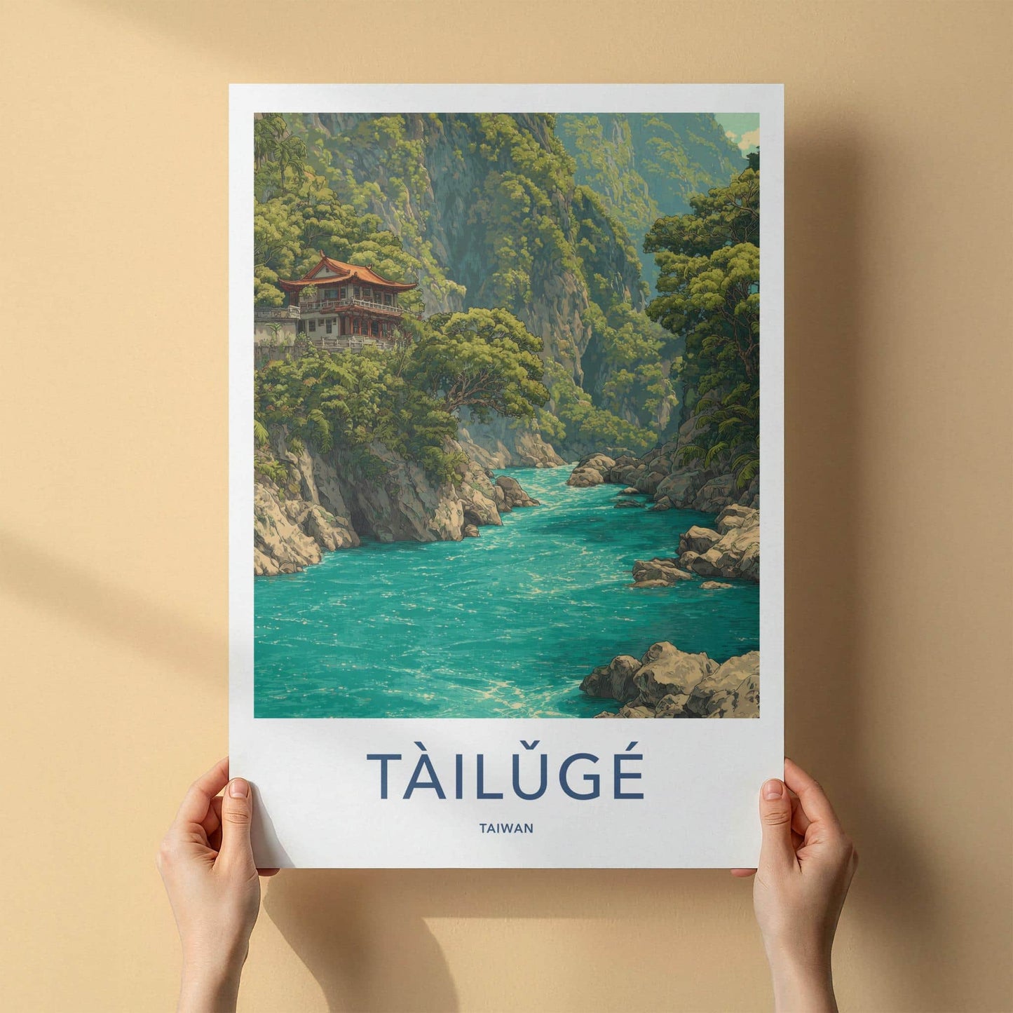 Taroko Gorge Poster - Taiwan Travel Art - Cliffside Temple River Home Decor