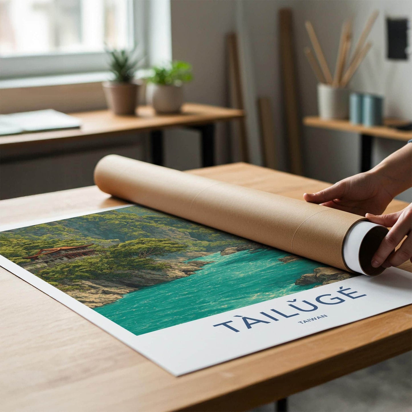 Taroko Gorge Poster - Taiwan Travel Art - Cliffside Temple River Home Decor