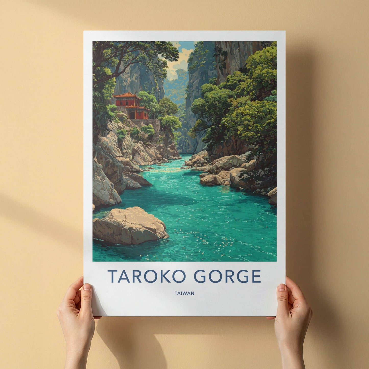 Taroko Gorge Poster - Taiwan Travel Art - Red Building River Wall Decor