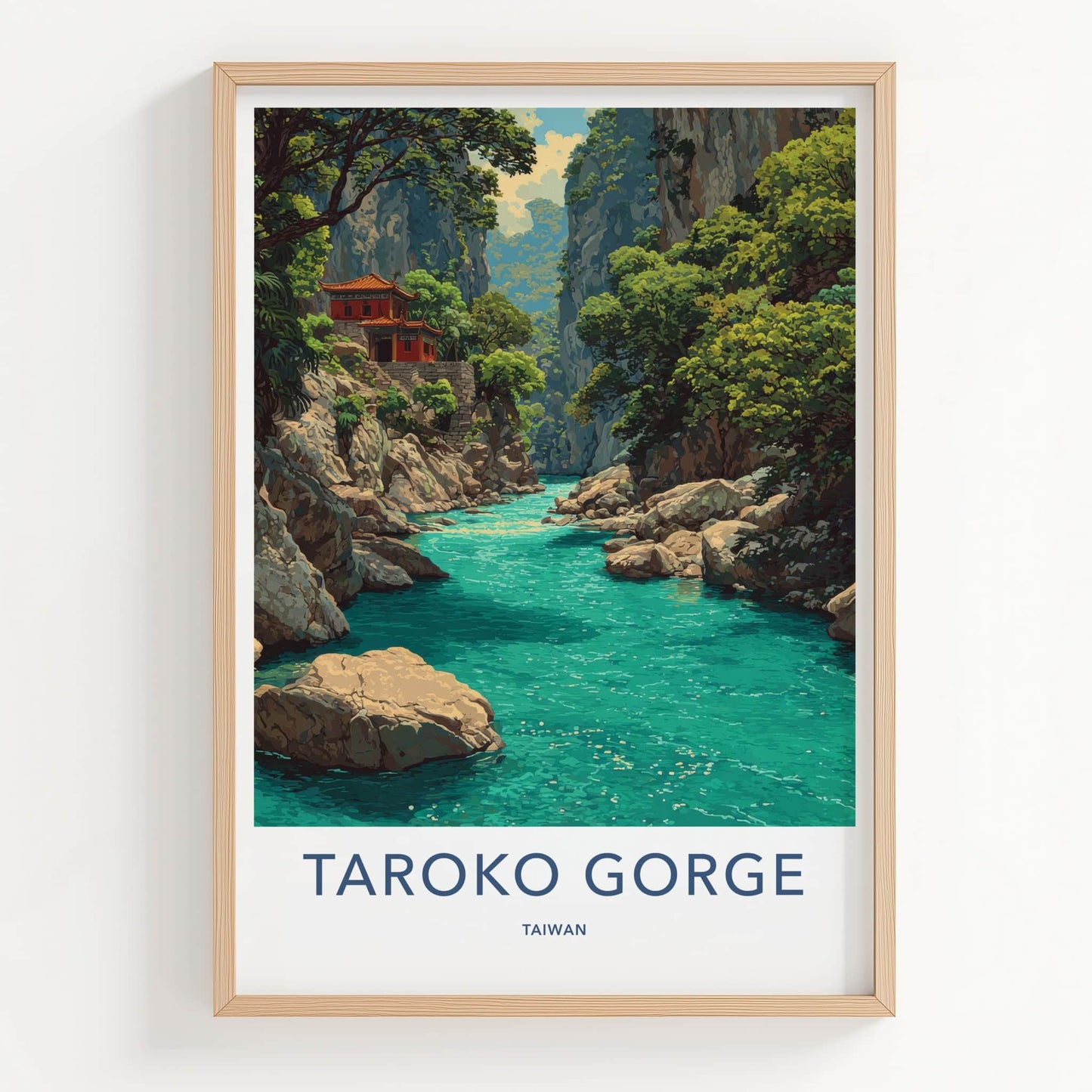 Taroko Gorge Poster - Taiwan Travel Art - Red Building River Wall Decor