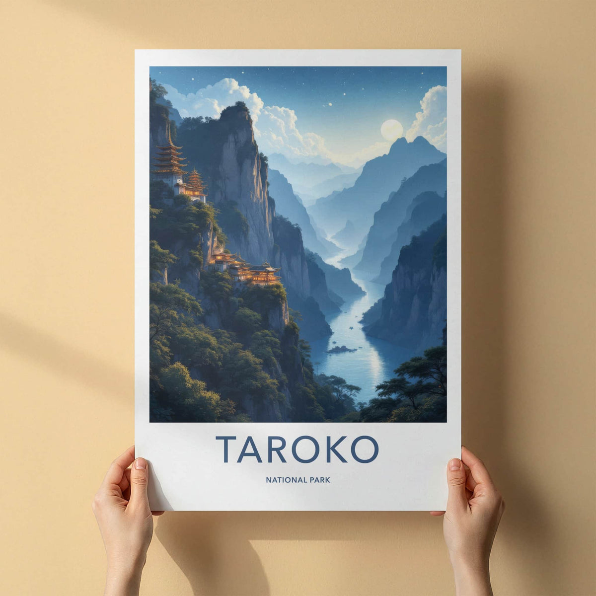 Taroko National Park Poster - Taiwan Travel Art - Moonlit Canyon Pagodas Home Decor
