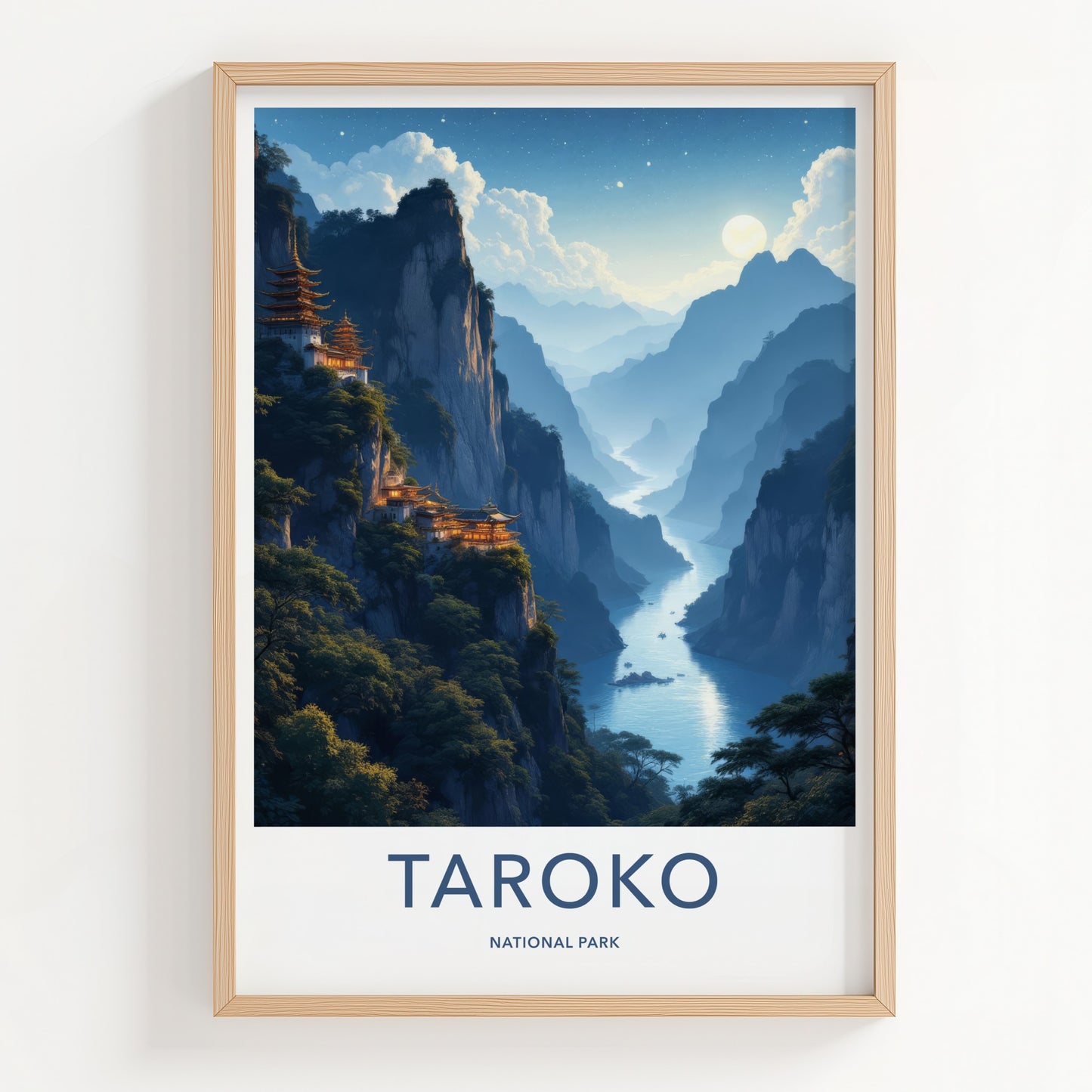Taroko National Park Poster - Taiwan Travel Art - Moonlit Canyon Pagodas Home Decor