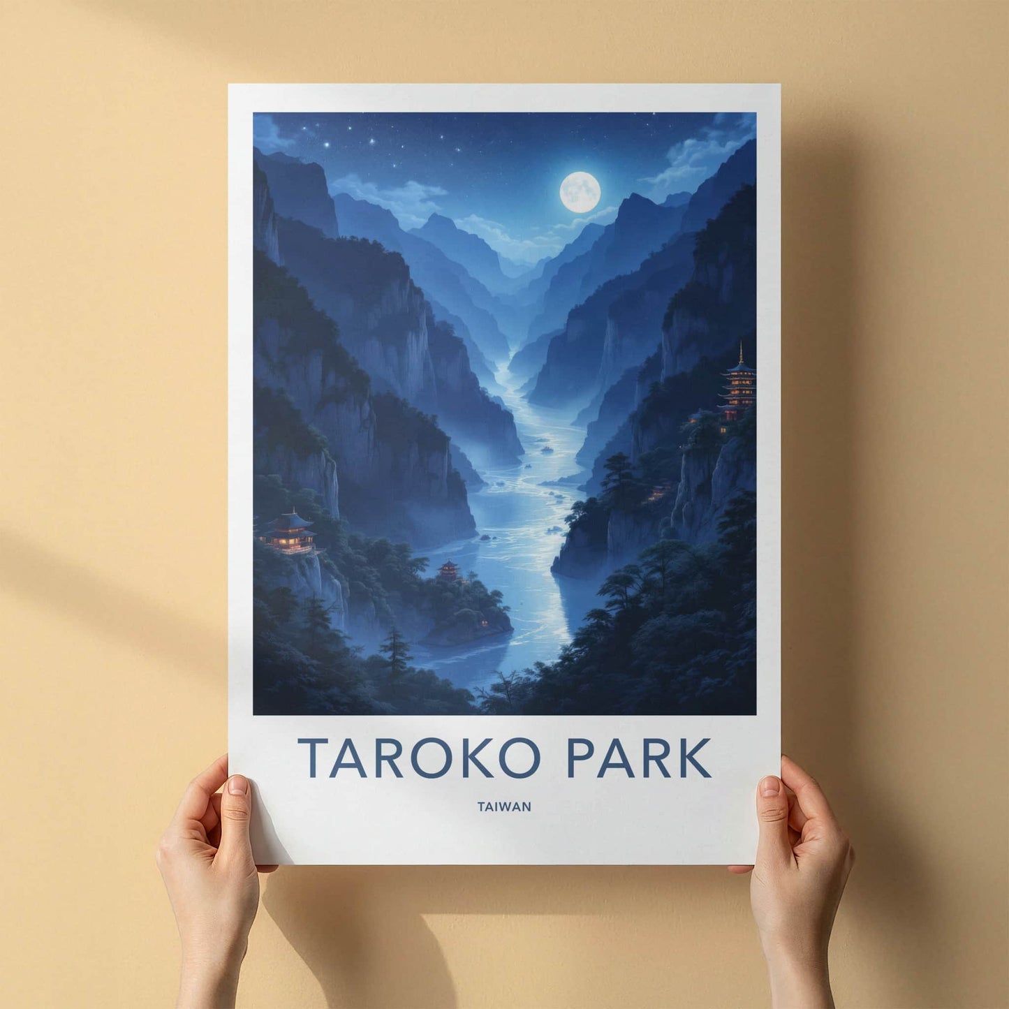 Taroko Park Poster - Taiwan Travel Art - Moonlit River Temples Wall Decor