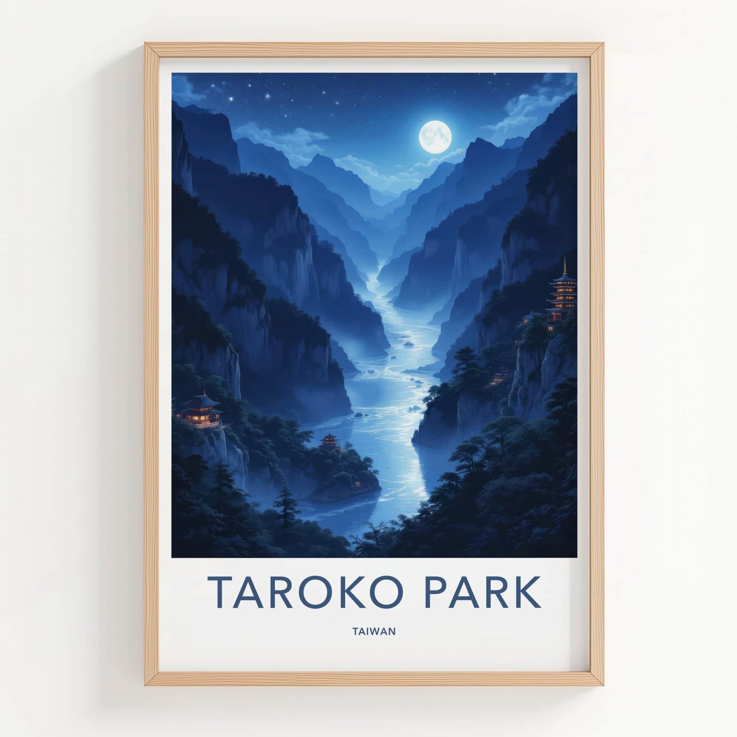 Taroko Park Poster - Taiwan Travel Art - Moonlit River Temples Wall Decor