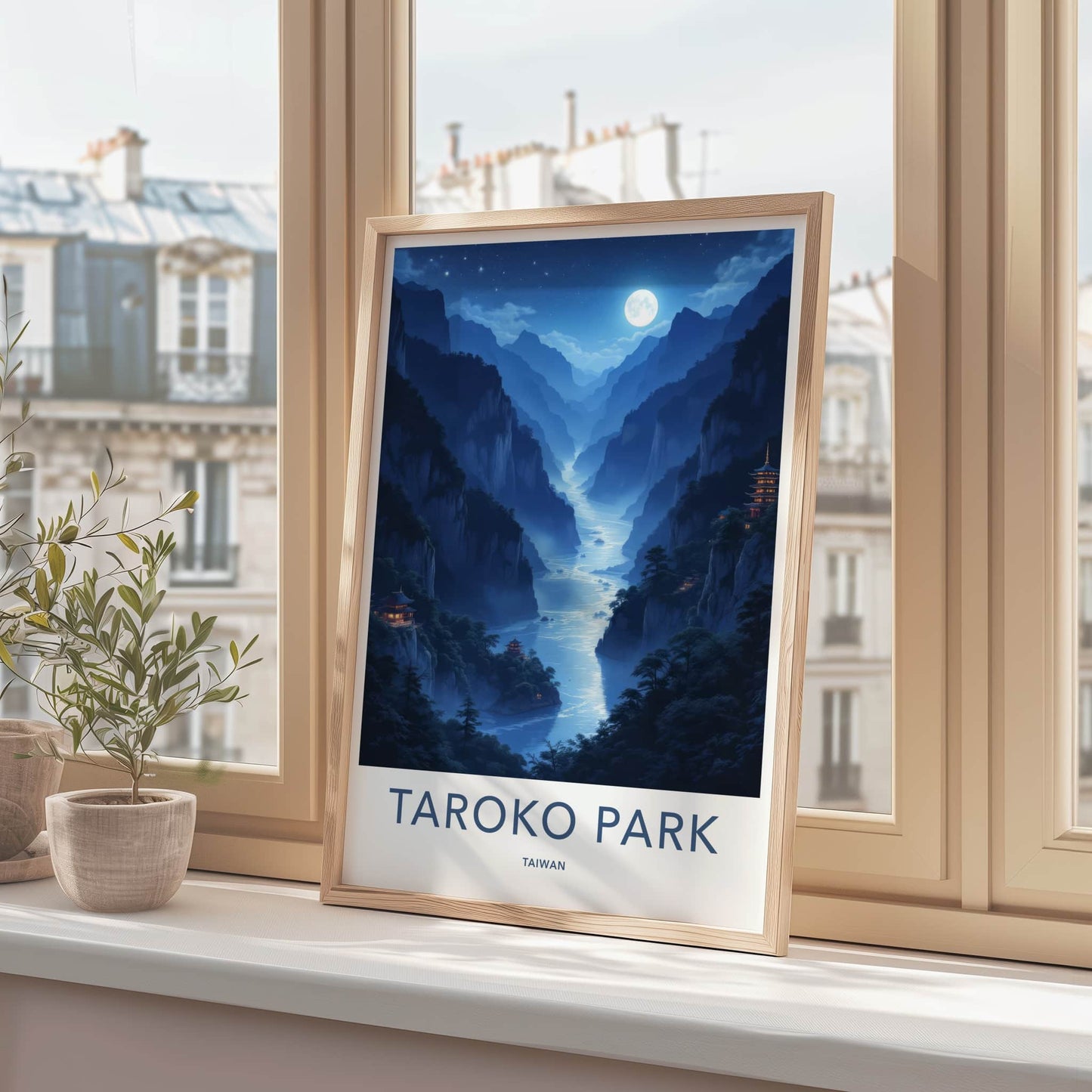 Taroko Park Poster - Taiwan Travel Art - Moonlit River Temples Wall Decor