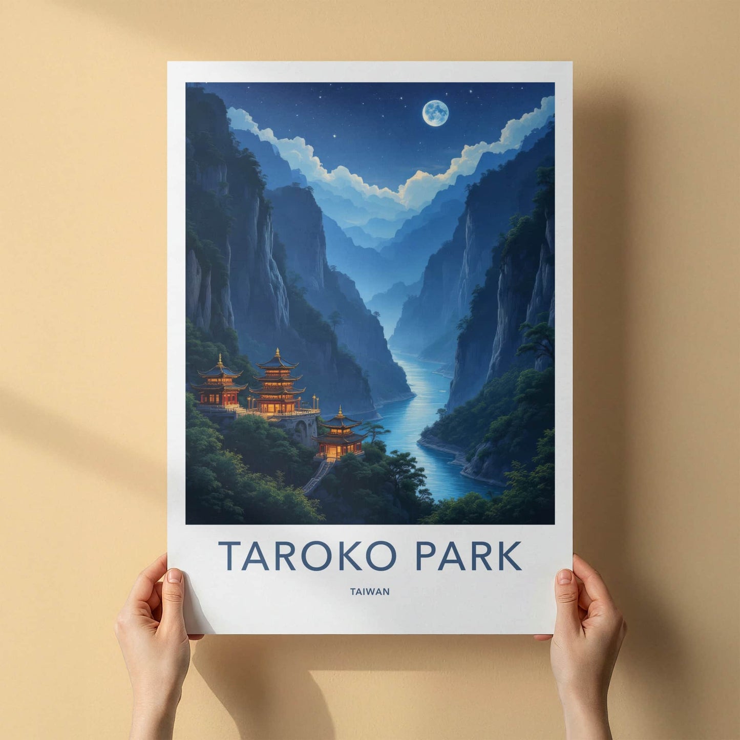 Taroko Park Poster - Taiwan Travel Art - Moonlit Temples River Home Decor