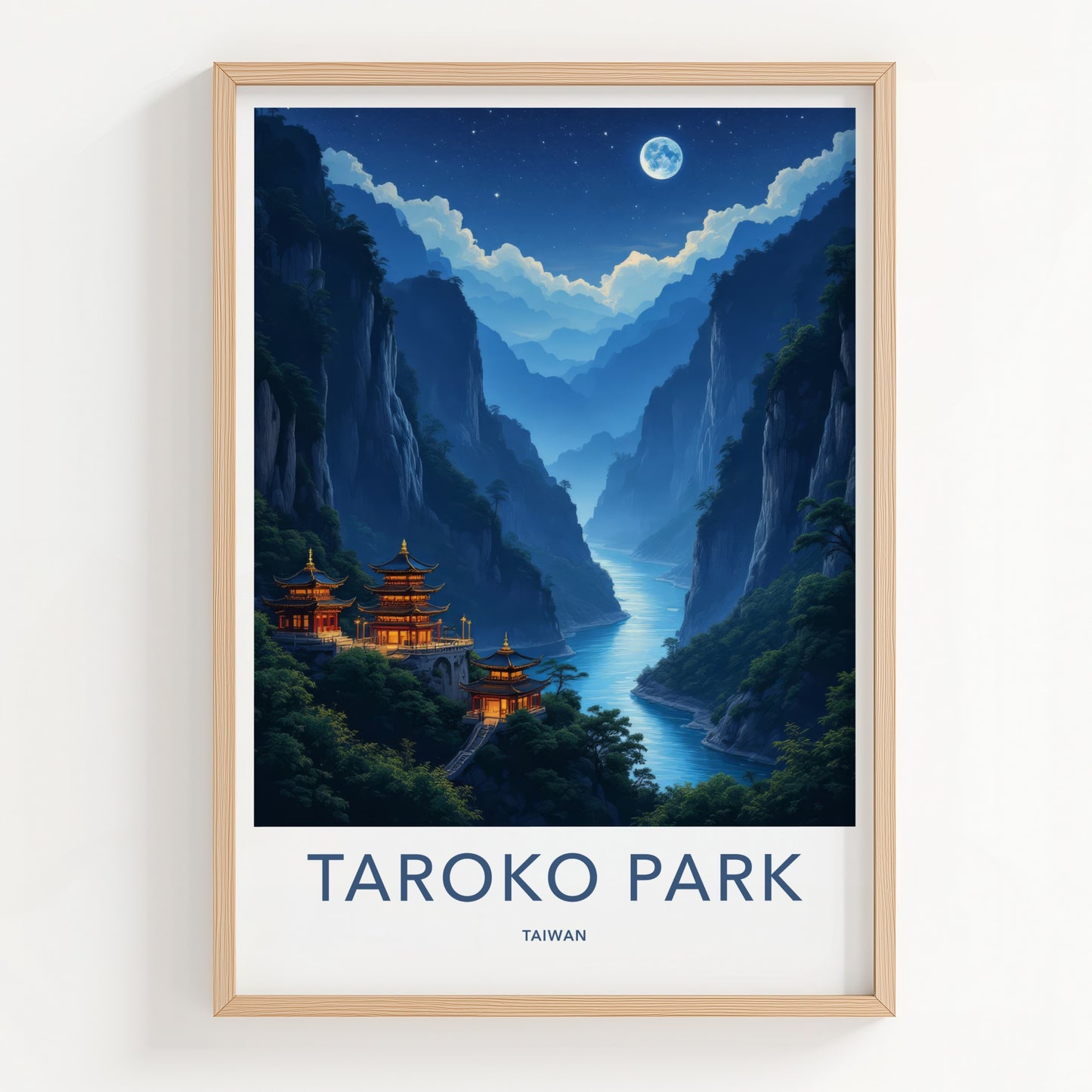 Taroko Park Poster - Taiwan Travel Art - Moonlit Temples River Home Decor
