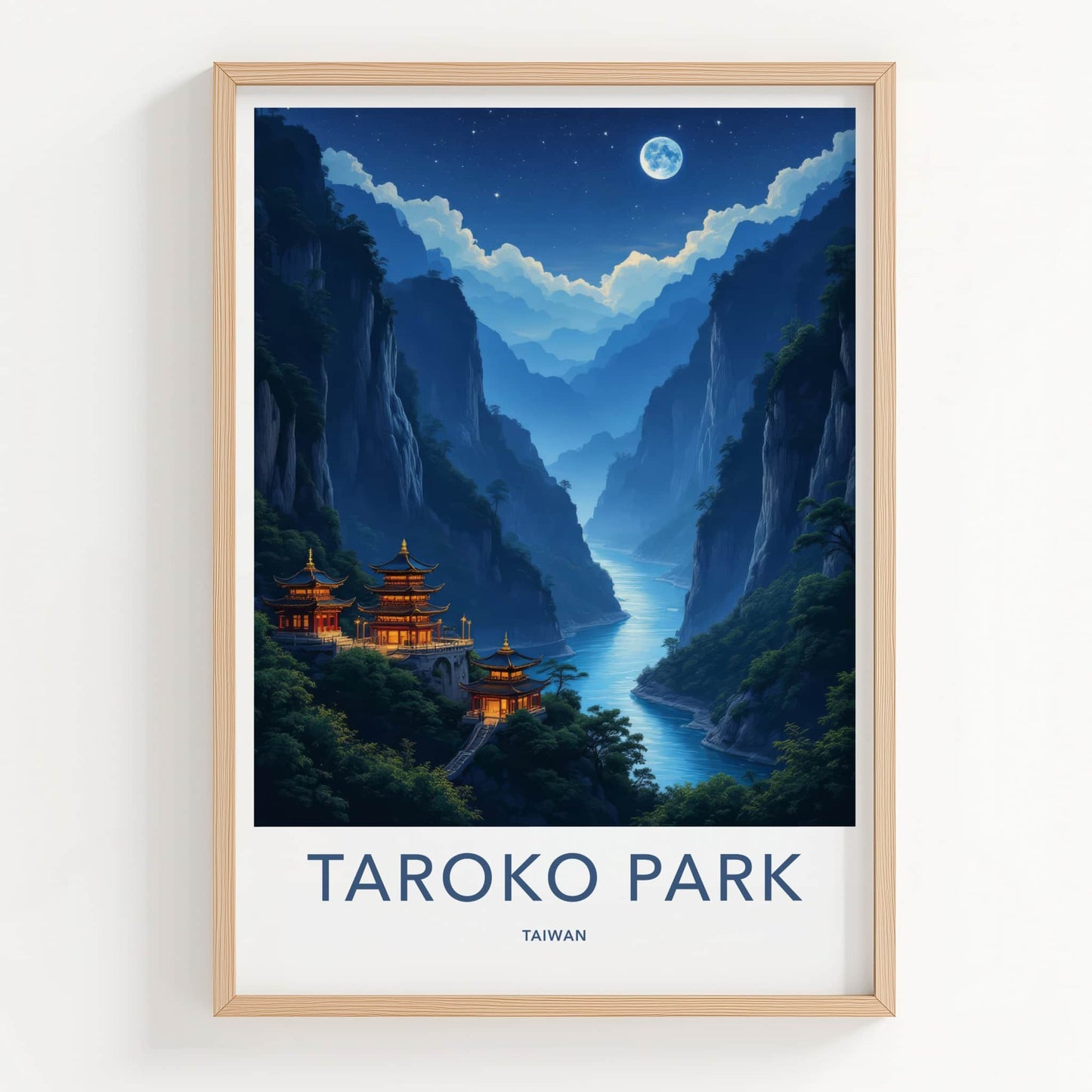Taroko Park Poster - Taiwan Travel Art - Moonlit Temples River Home Decor
