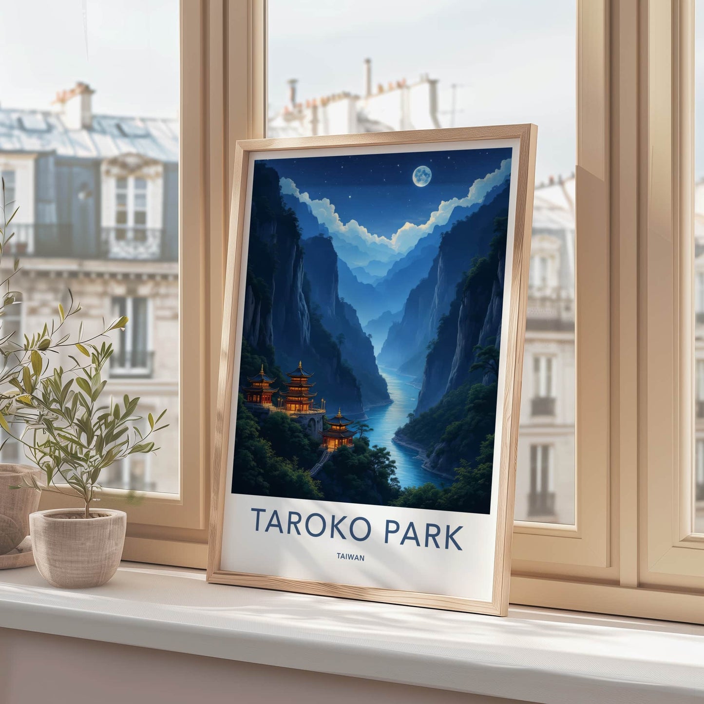 Taroko Park Poster - Taiwan Travel Art - Moonlit Temples River Home Decor