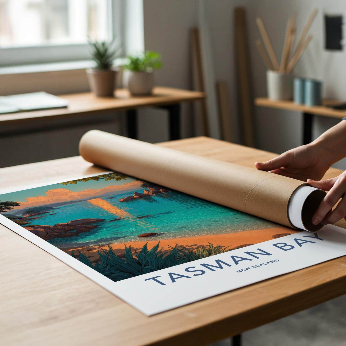 Tasman Bay Poster - New Zealand Travel Art - Golden Sunset Bay Home Decor