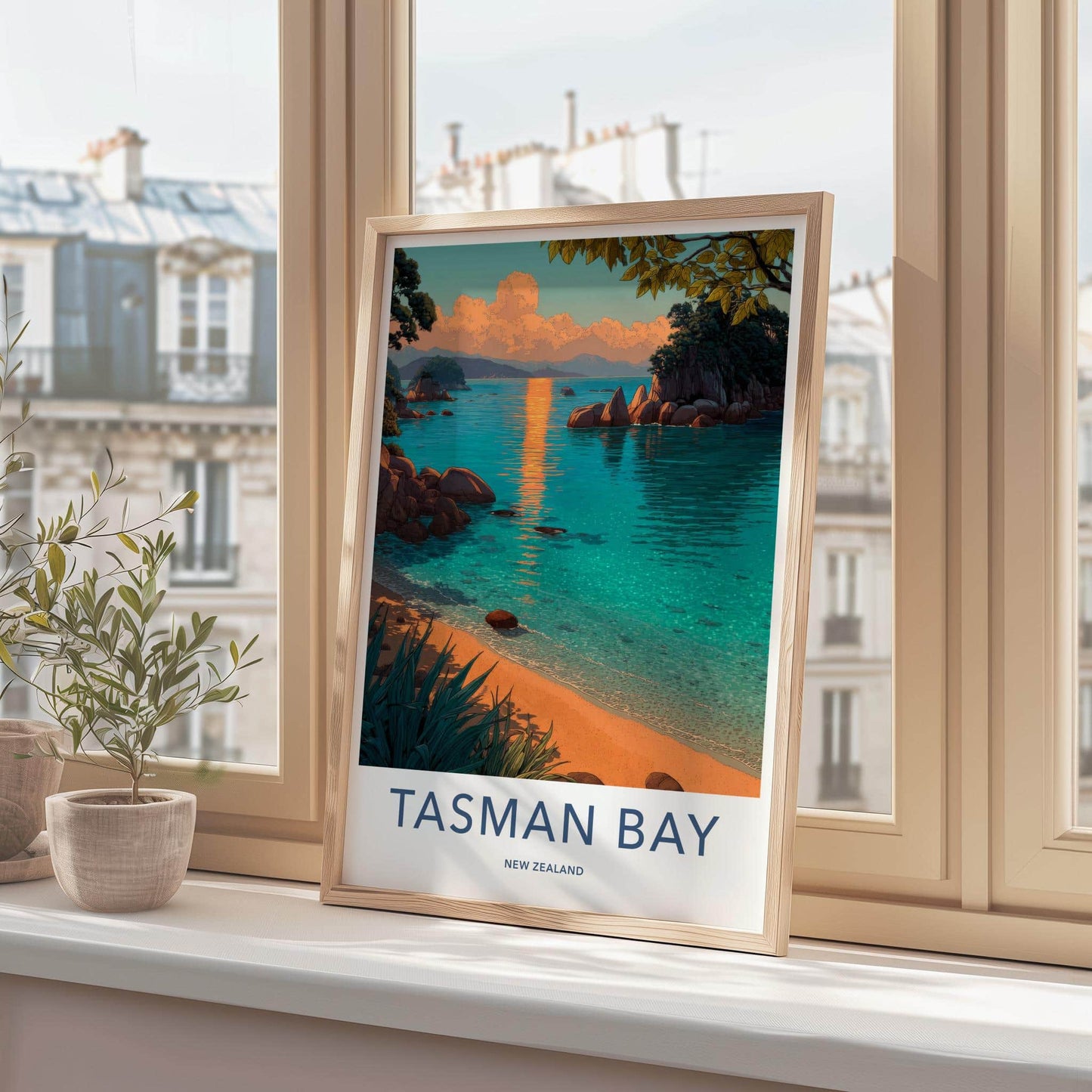 Tasman Bay Poster - New Zealand Travel Art - Golden Sunset Bay Home Decor