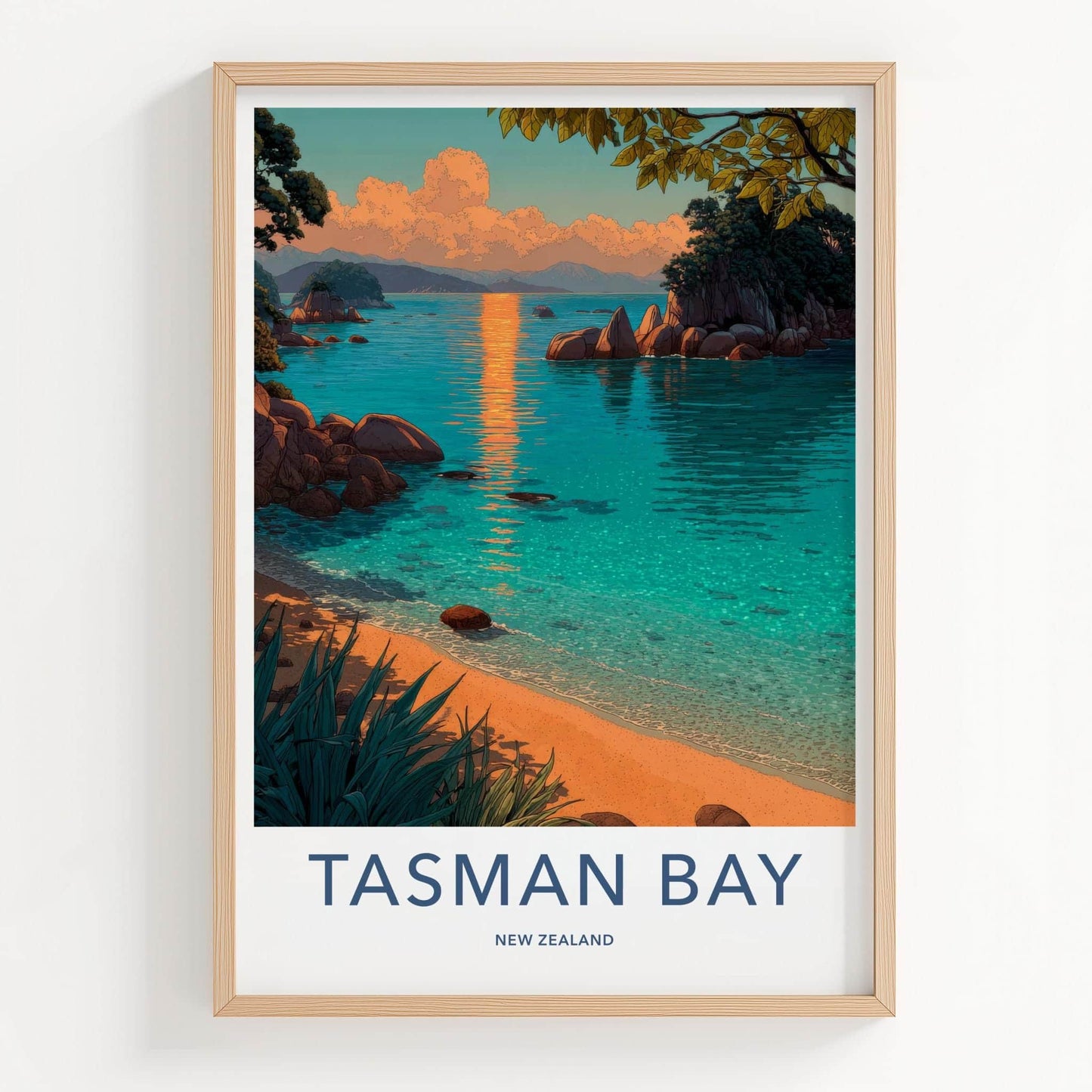 Tasman Bay Poster - New Zealand Travel Art - Golden Sunset Bay Home Decor