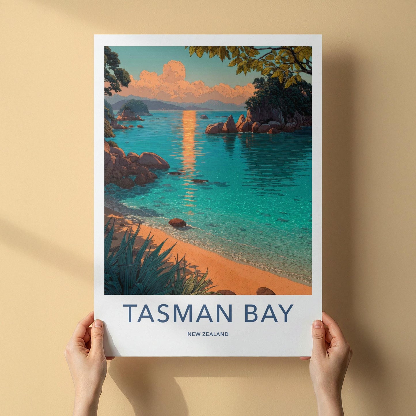 Tasman Bay Poster - New Zealand Travel Art - Golden Sunset Bay Home Decor