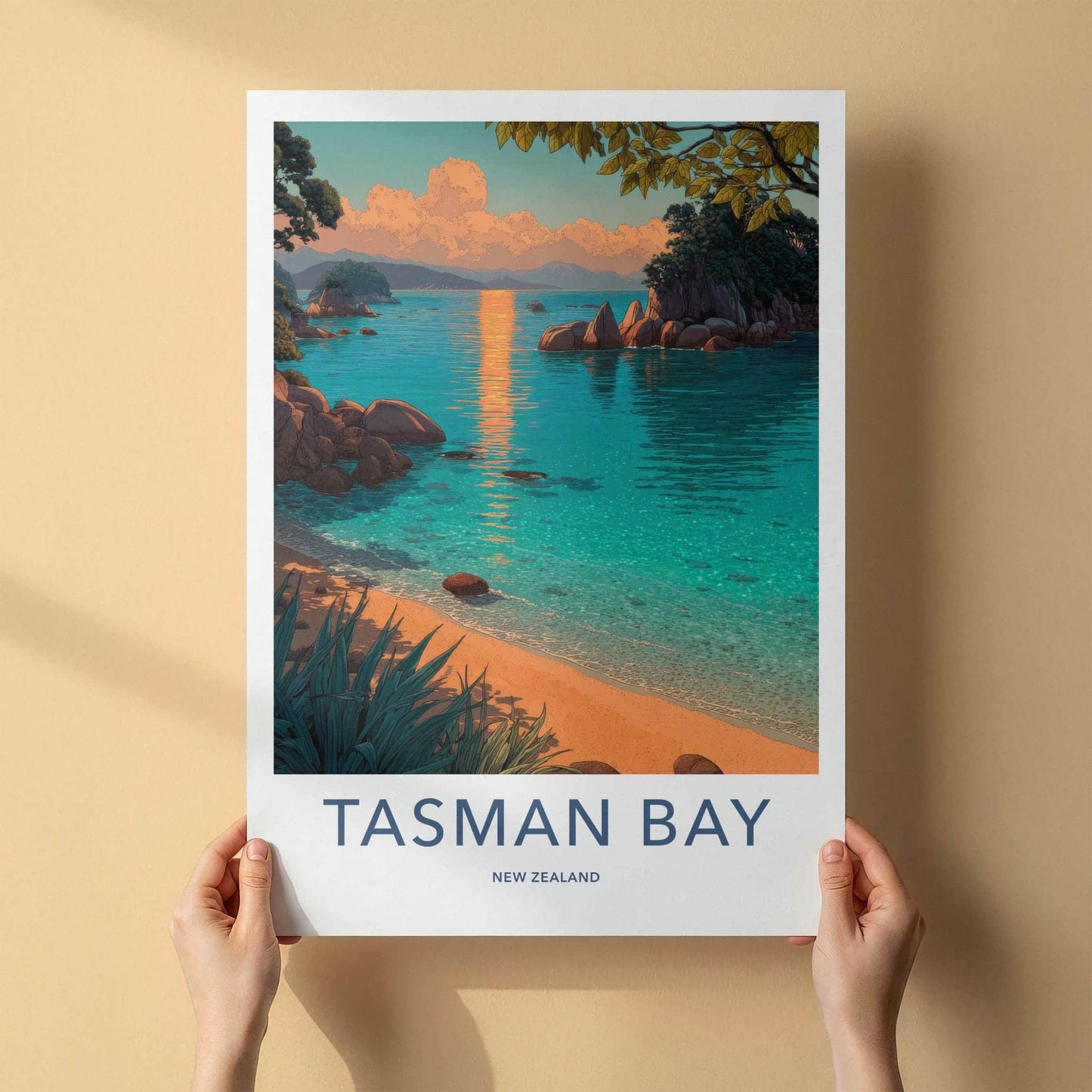 Tasman Bay Poster - New Zealand Travel Art - Golden Sunset Bay Home Decor