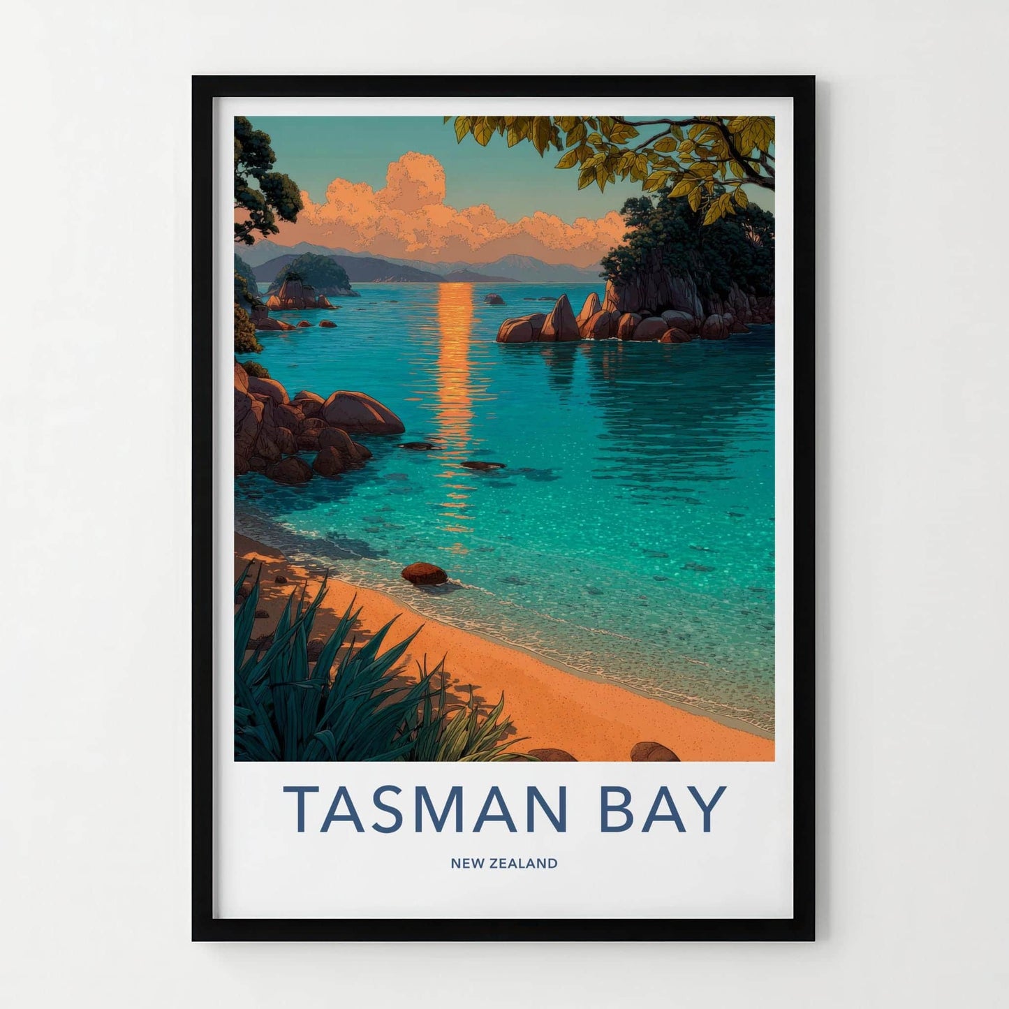 Tasman Bay Poster - New Zealand Travel Art - Golden Sunset Bay Home Decor