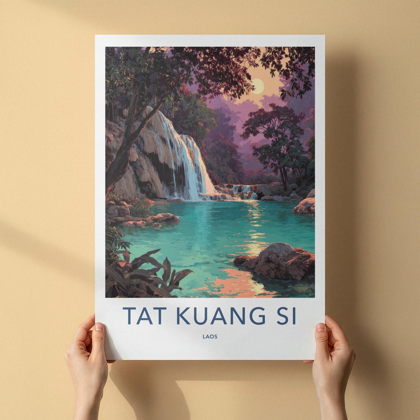 Tat Kuang Si Poster - Laos Travel Art - Emerald Waterfalls Sunset Home Decor