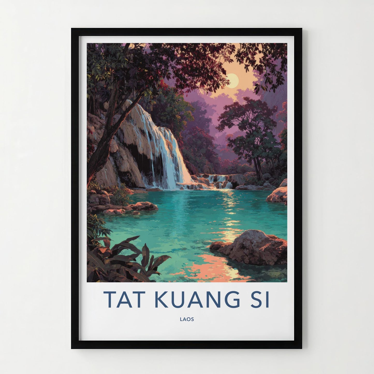 Tat Kuang Si Poster - Laos Travel Art - Emerald Waterfalls Sunset Home Decor