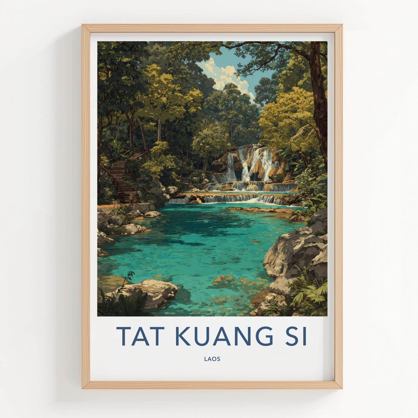 Tat Kuang Si Poster - Laos Travel Art - Tiered Waterfall Pools Home Decor
