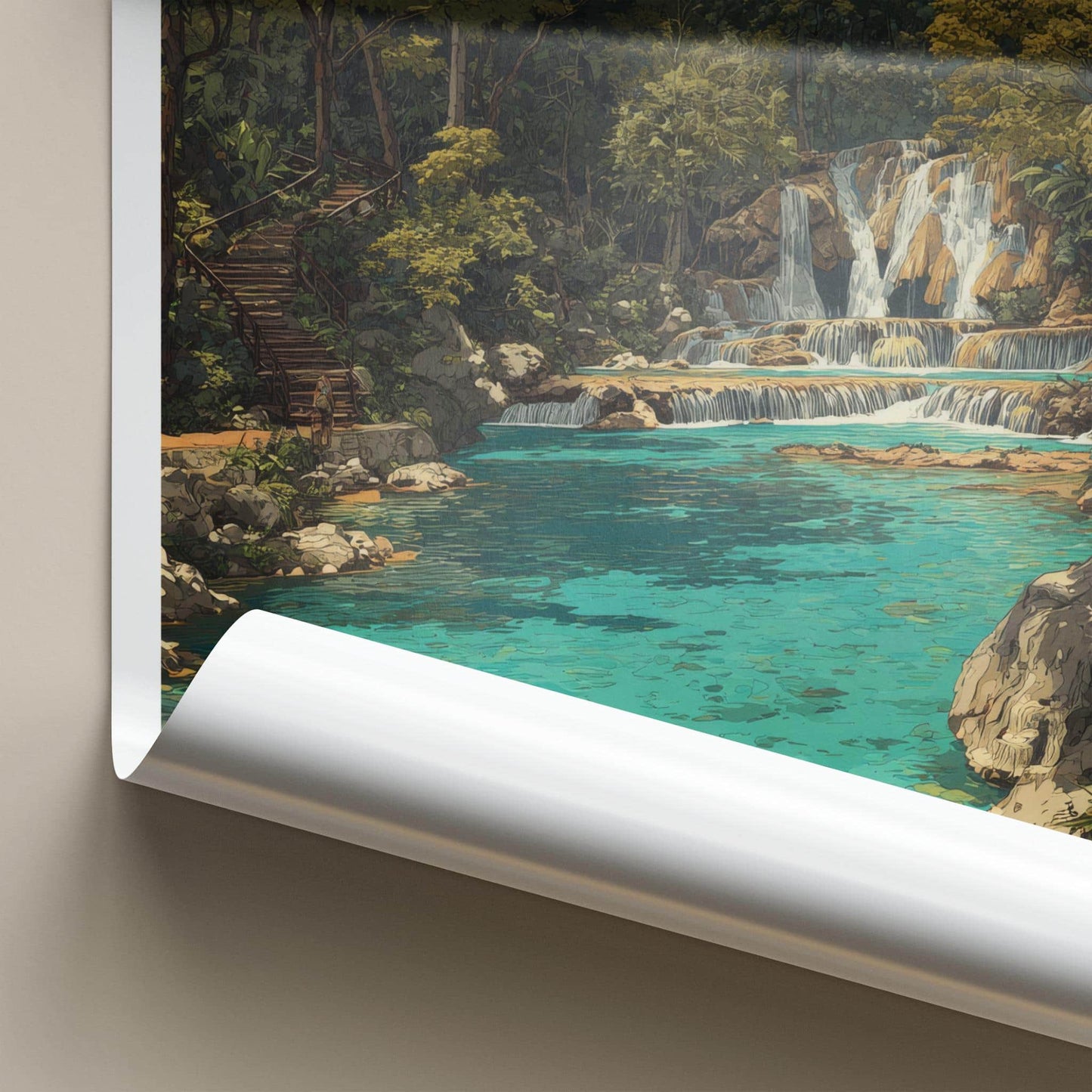 Tat Kuang Si Poster - Laos Travel Art - Tiered Waterfall Pools Home Decor