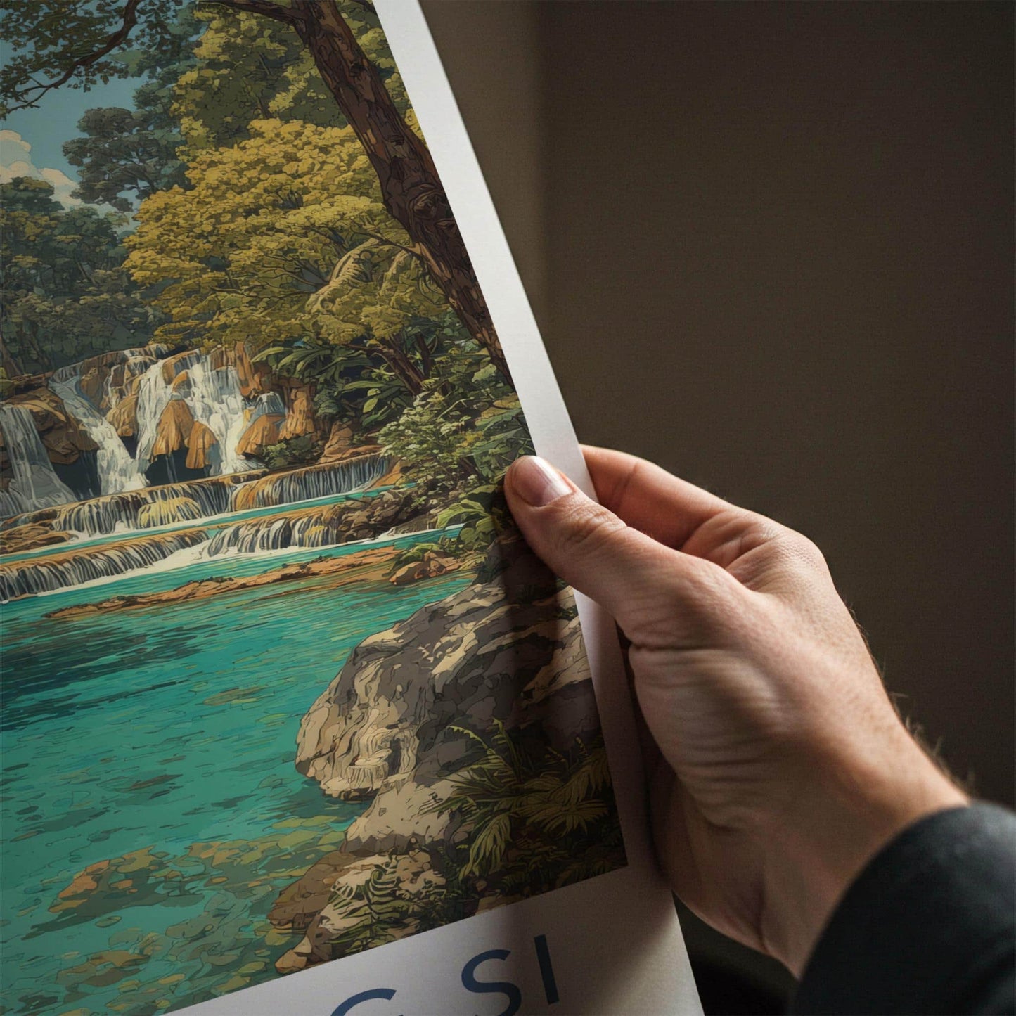 Tat Kuang Si Poster - Laos Travel Art - Tiered Waterfall Pools Home Decor