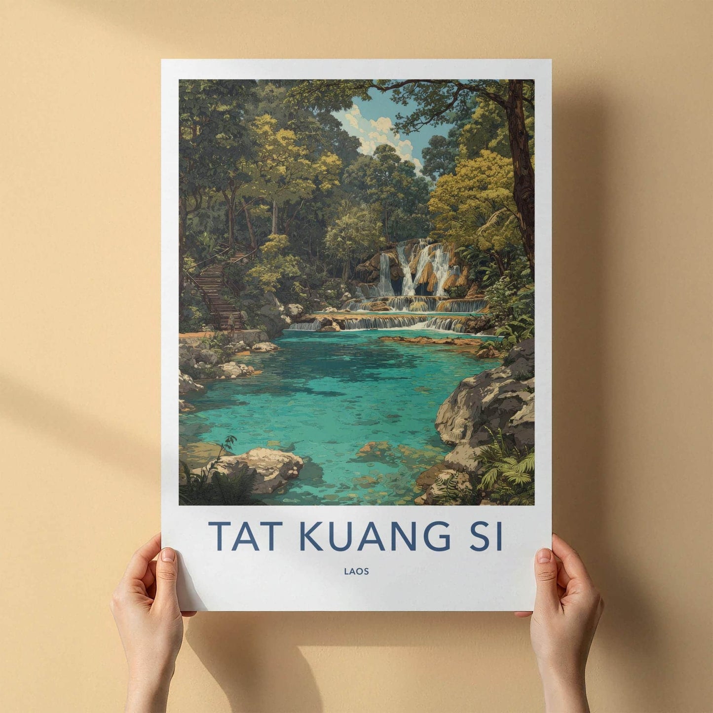 Tat Kuang Si Poster - Laos Travel Art - Tiered Waterfall Pools Home Decor