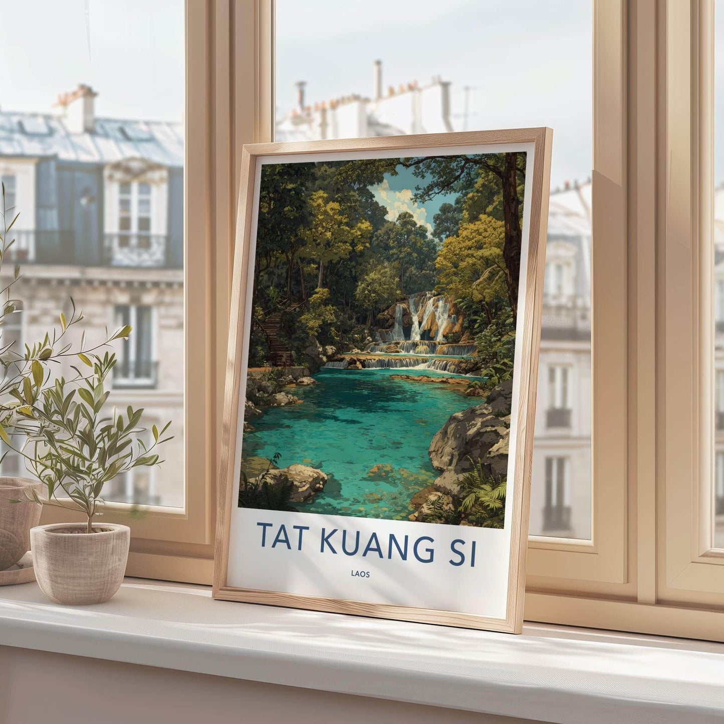 Tat Kuang Si Poster - Laos Travel Art - Tiered Waterfall Pools Home Decor