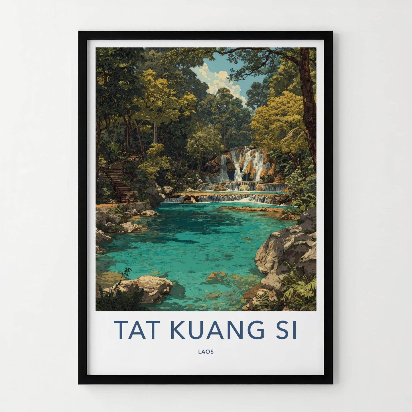 Tat Kuang Si Poster - Laos Travel Art - Tiered Waterfall Pools Home Decor