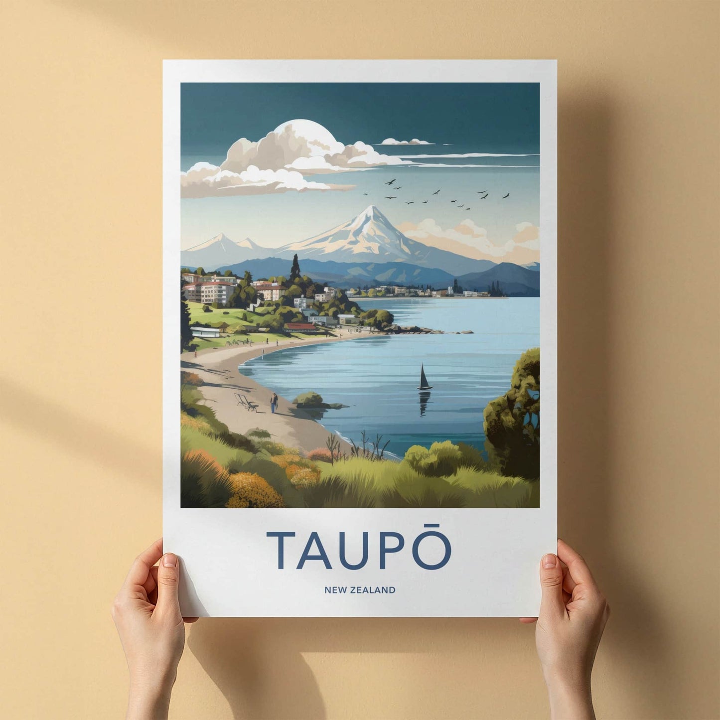 Taupo Poster - New Zealand Travel Art - Lakeshore Mountain Town Home Decor