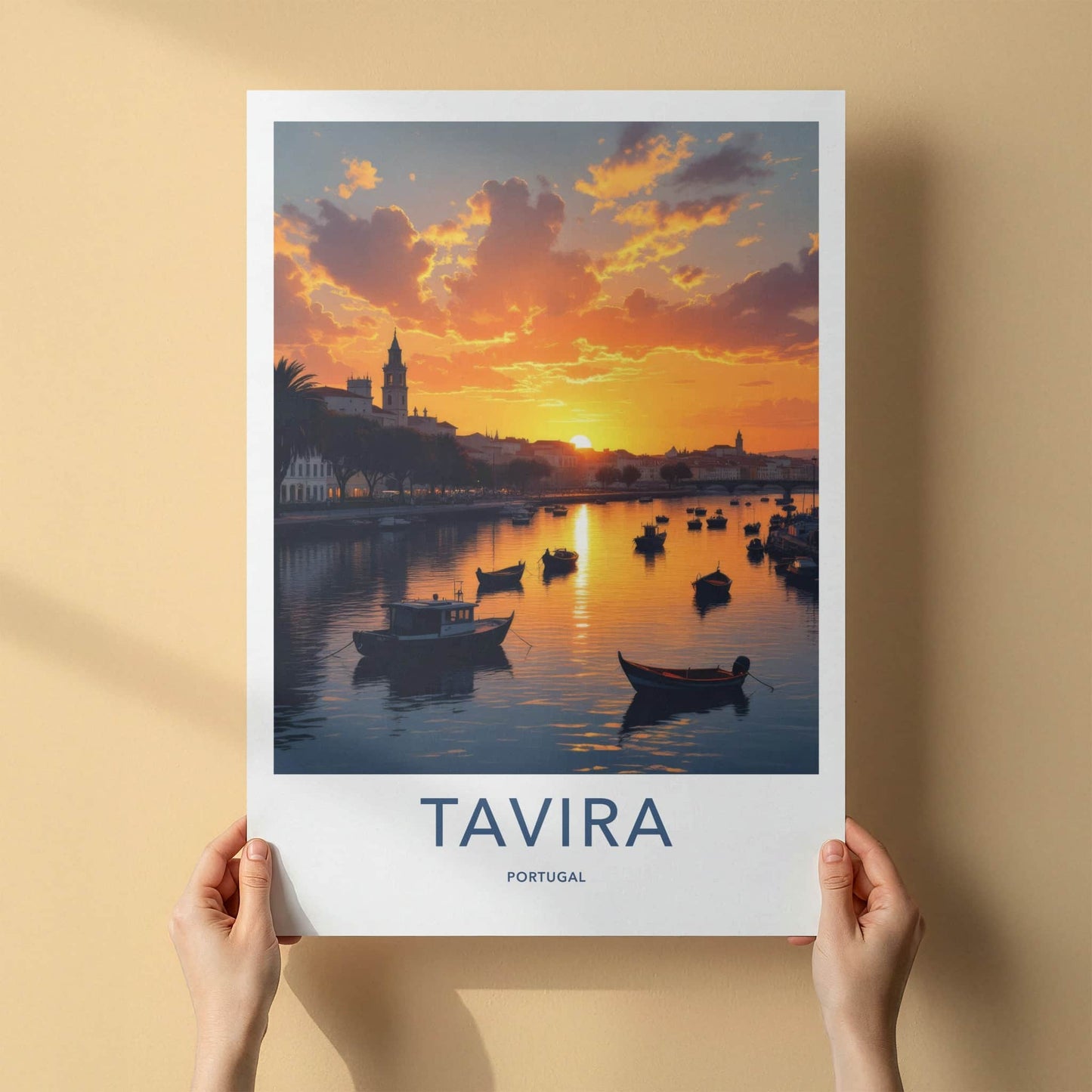 Tavira Poster - Portugal Travel Art - Golden River Boats Wall Decor