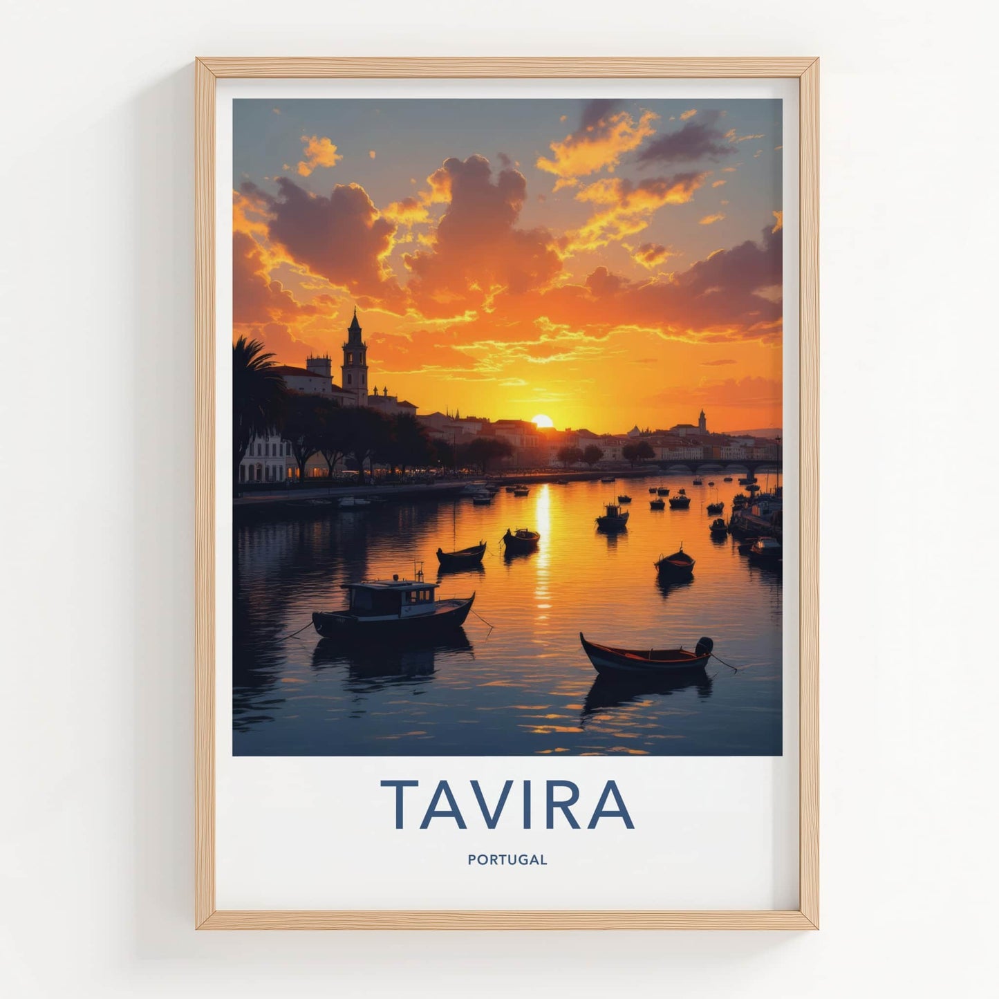 Tavira Poster - Portugal Travel Art - Golden River Boats Wall Decor
