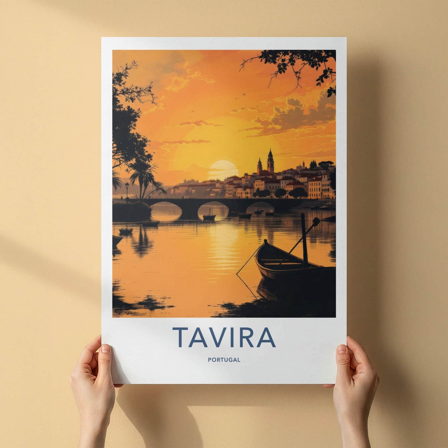 Tavira Poster - Portugal Travel Art - River Bridge Sunset Home Decor