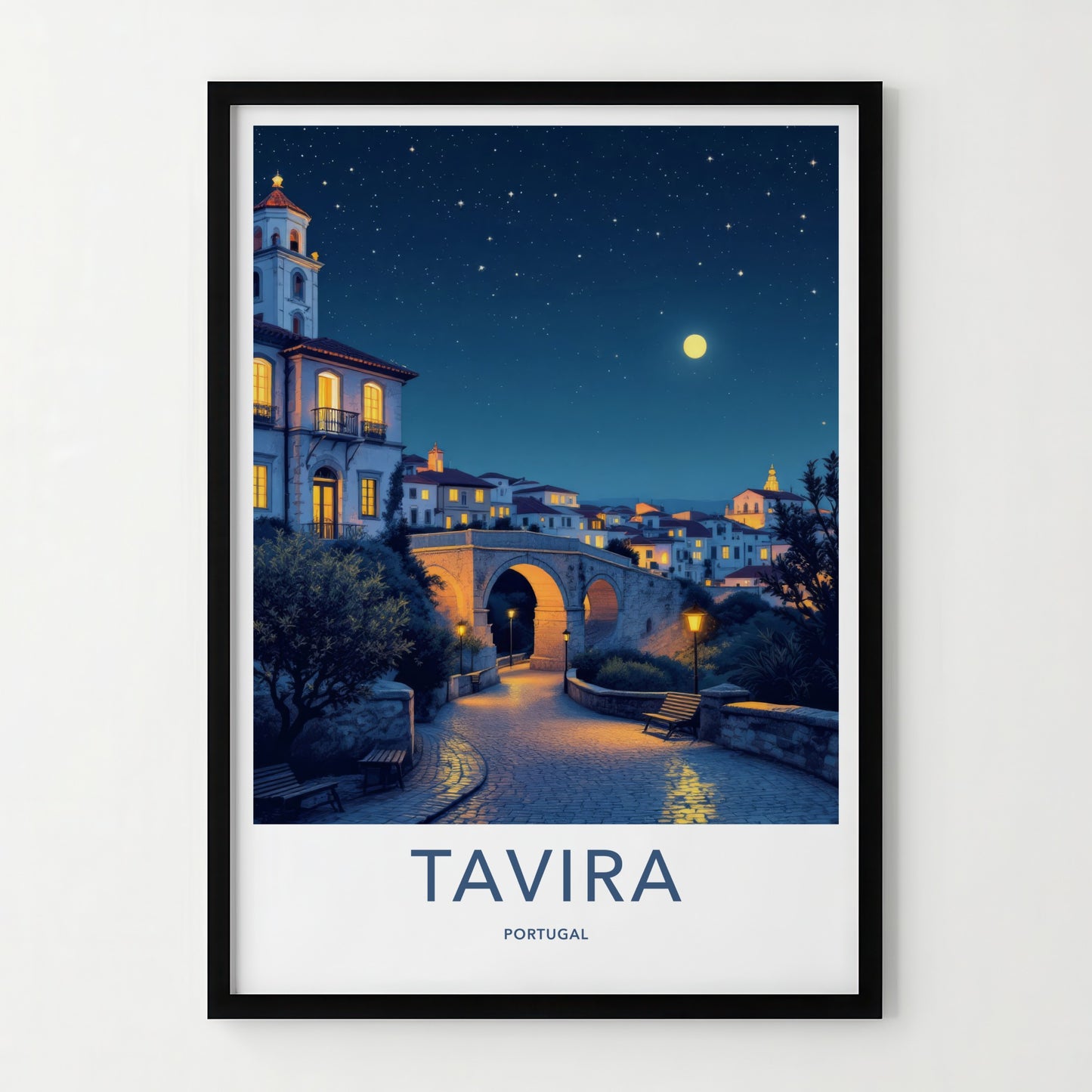 Tavira Poster - Portugal Travel Art - Starry Night Bridge Home Decor