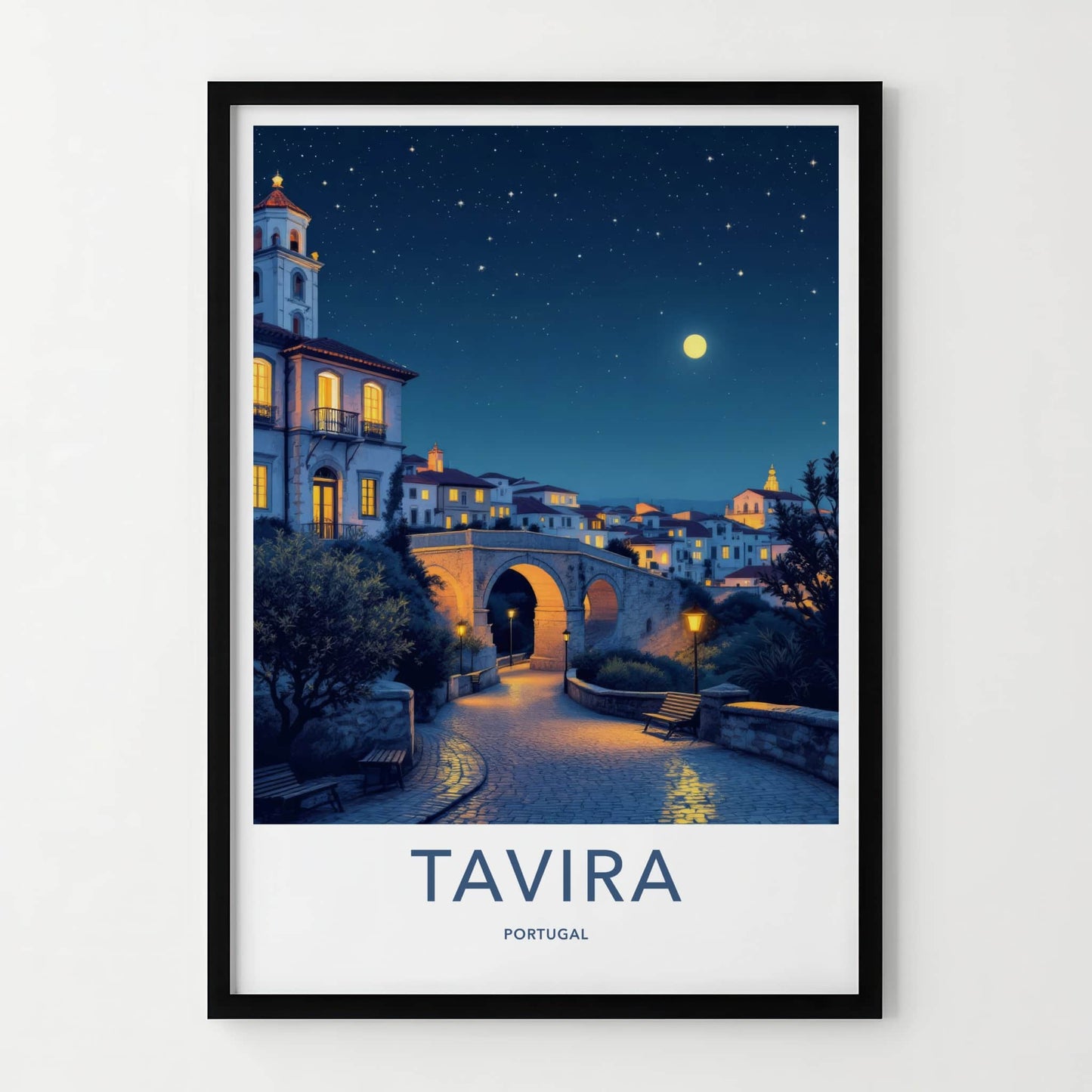 Tavira Poster - Portugal Travel Art - Starry Night Bridge Home Decor