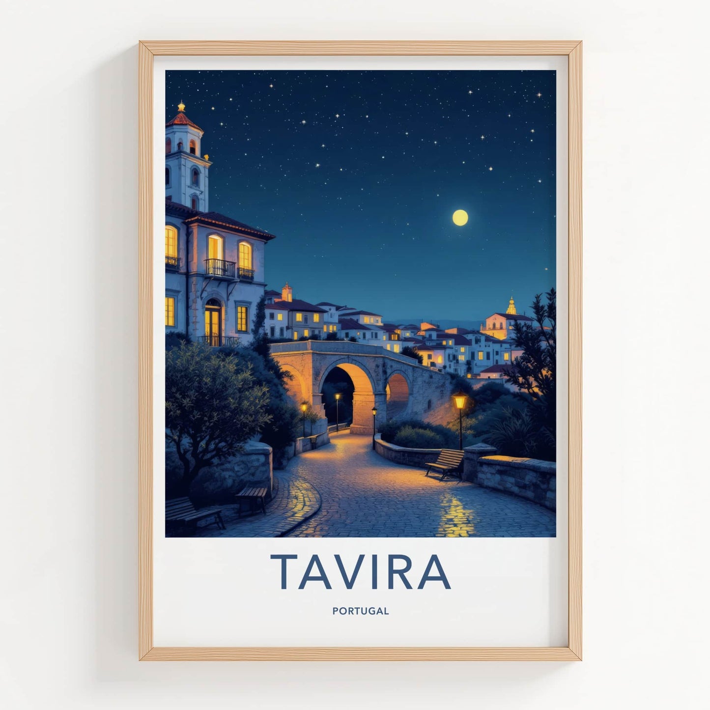 Tavira Poster - Portugal Travel Art - Starry Night Bridge Home Decor