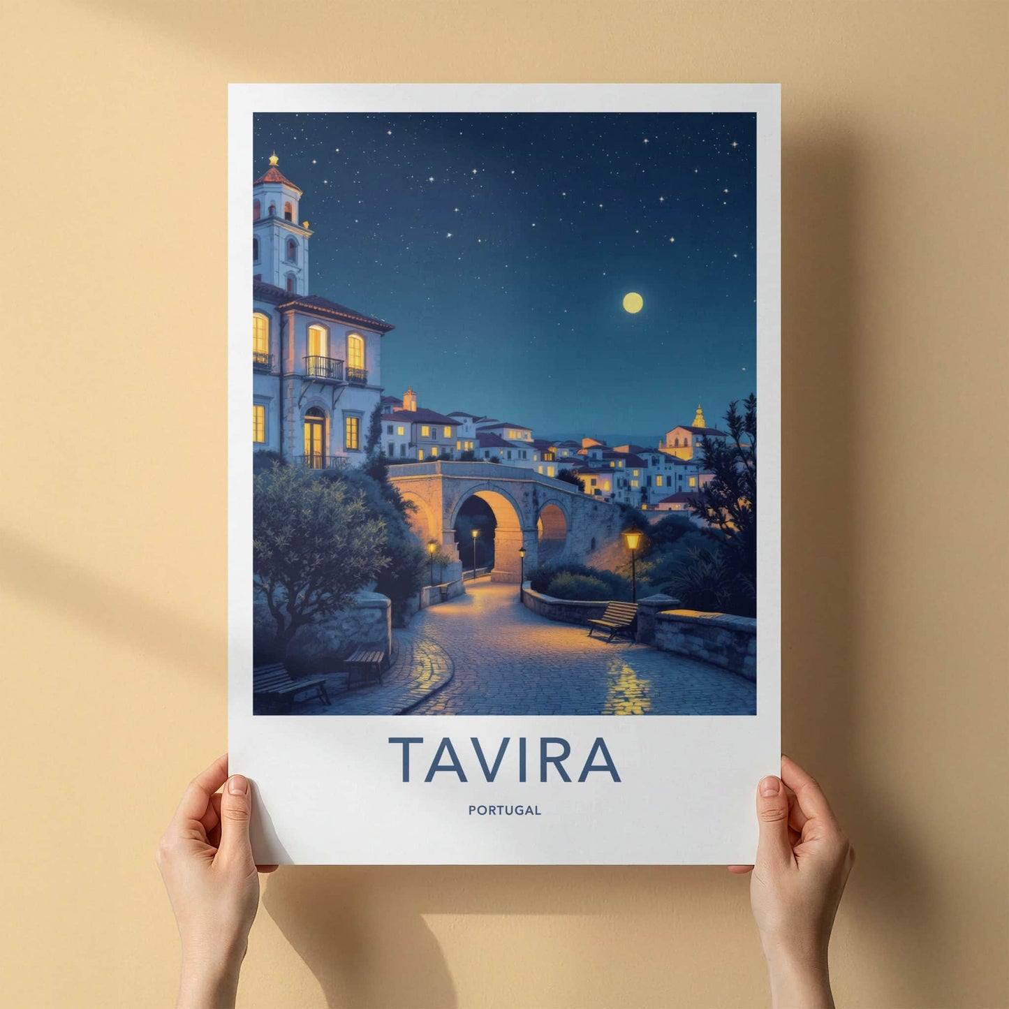 Tavira Poster - Portugal Travel Art - Starry Night Bridge Home Decor