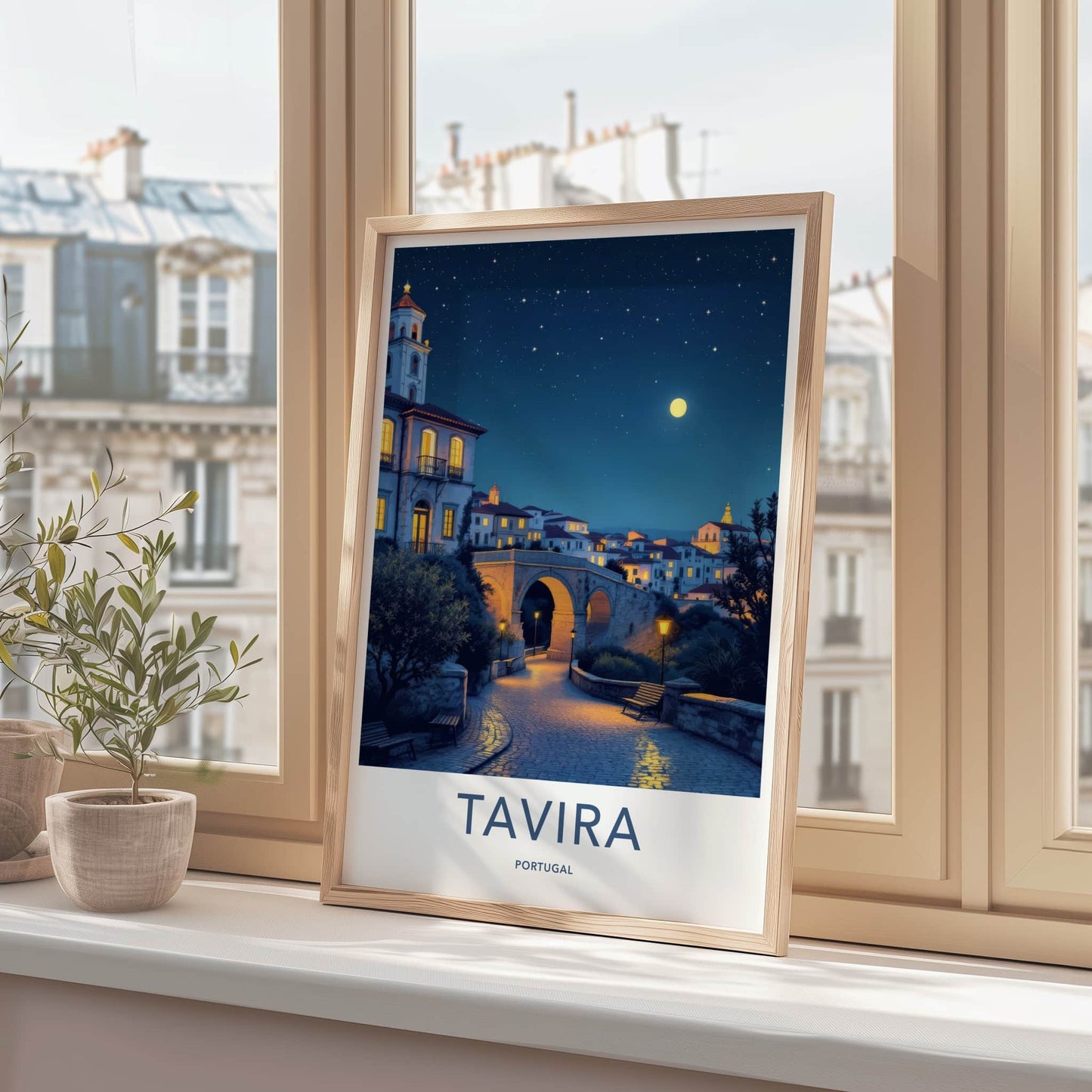 Tavira Poster - Portugal Travel Art - Starry Night Bridge Home Decor
