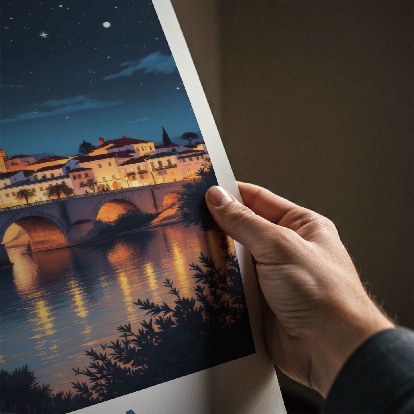 Tavira Poster - Portugal Travel Print - Arched Bridge Night Framed Decor