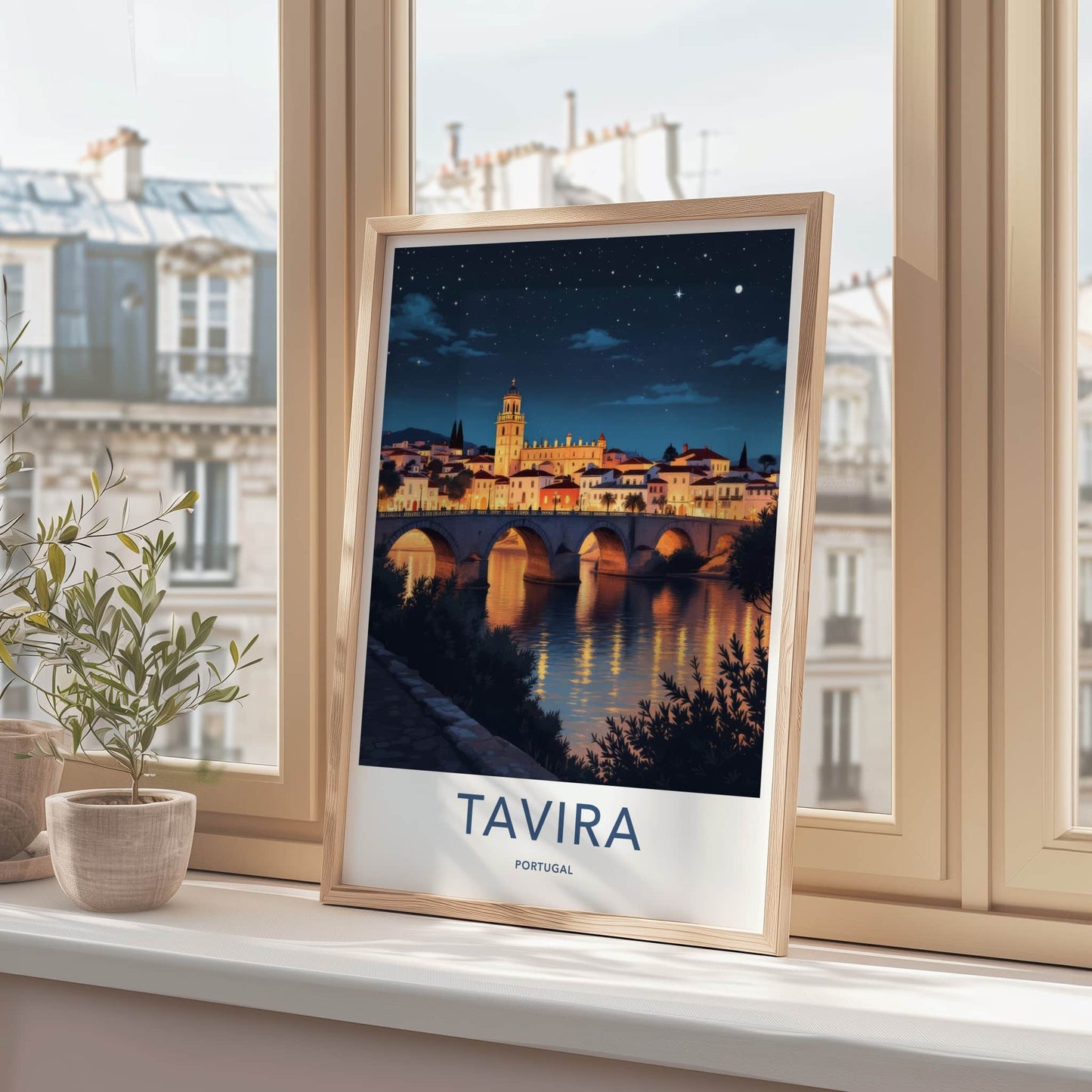 Tavira Poster - Portugal Travel Print - Arched Bridge Night Framed Decor