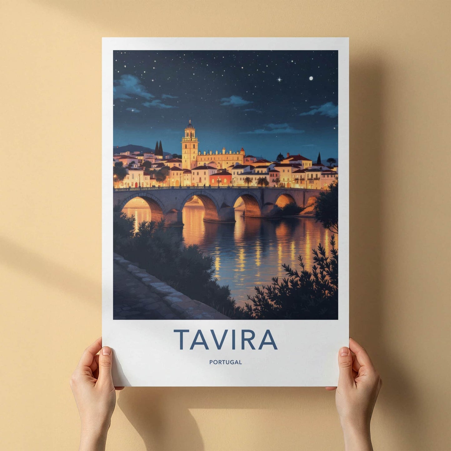 Tavira Poster - Portugal Travel Print - Arched Bridge Night Framed Decor