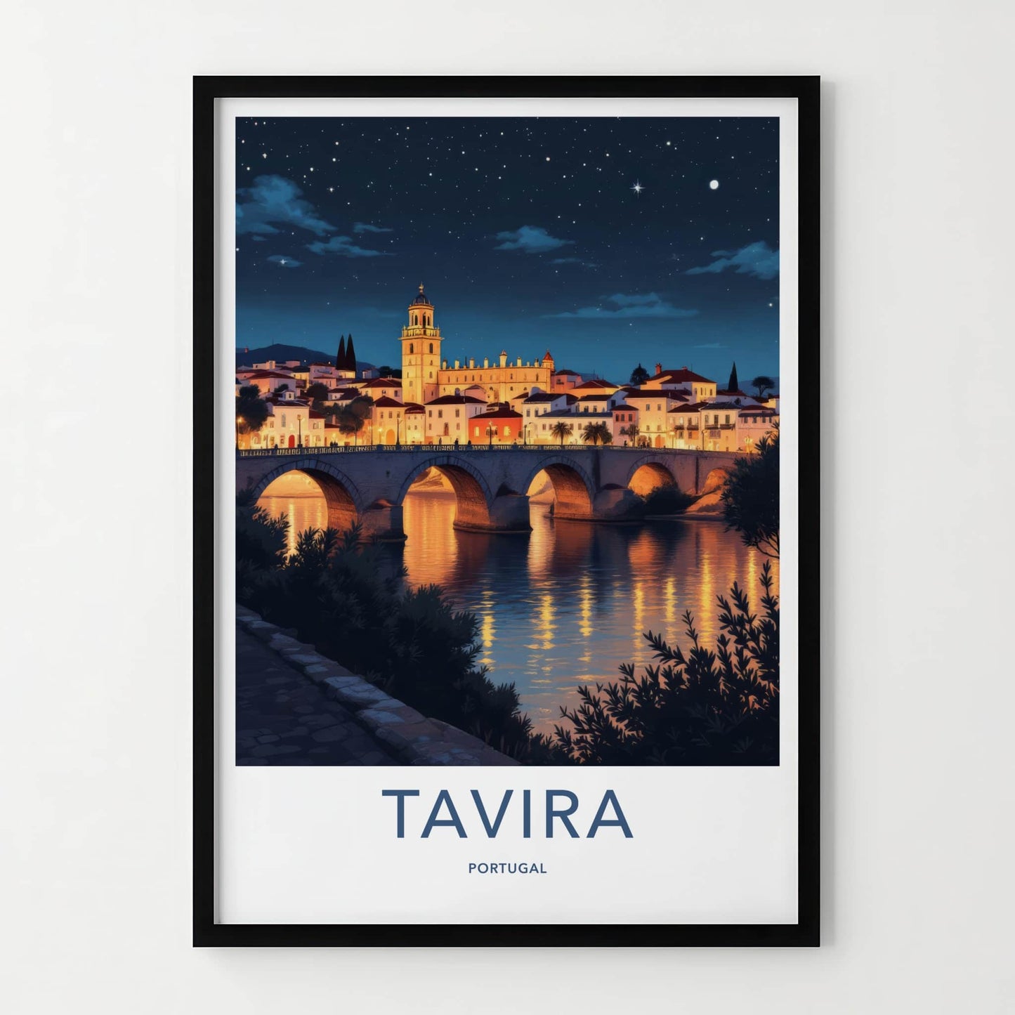 Tavira Poster - Portugal Travel Print - Arched Bridge Night Framed Decor