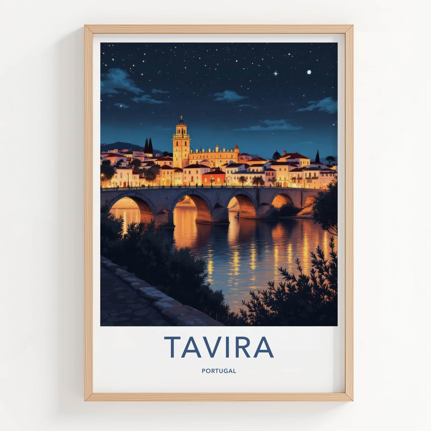 Tavira Poster - Portugal Travel Print - Arched Bridge Night Framed Decor