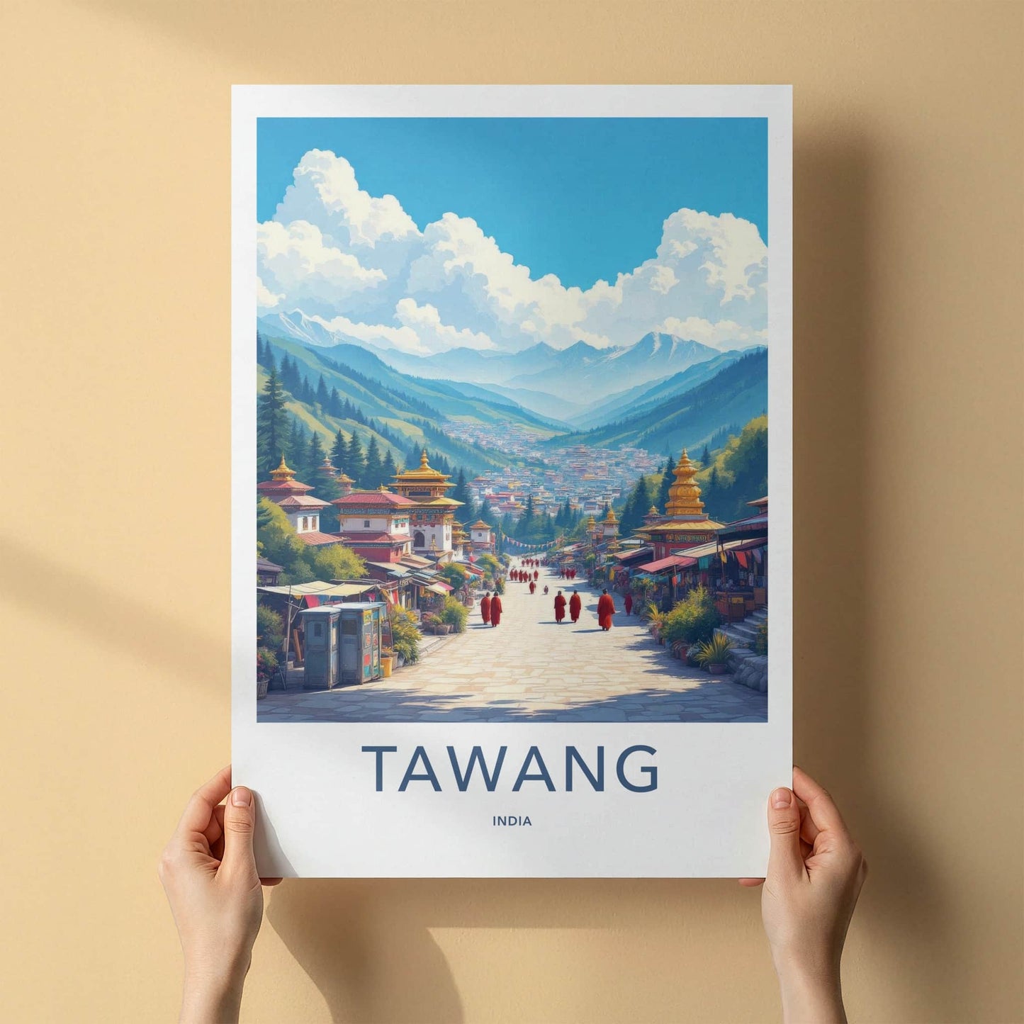 Tawang Poster - India Travel Art - Arunachal Pradesh Buddhist Town Scenic Wall Decor