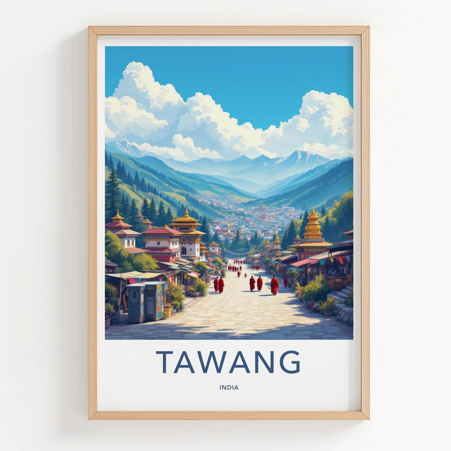 Tawang Poster - India Travel Art - Arunachal Pradesh Buddhist Town Scenic Wall Decor
