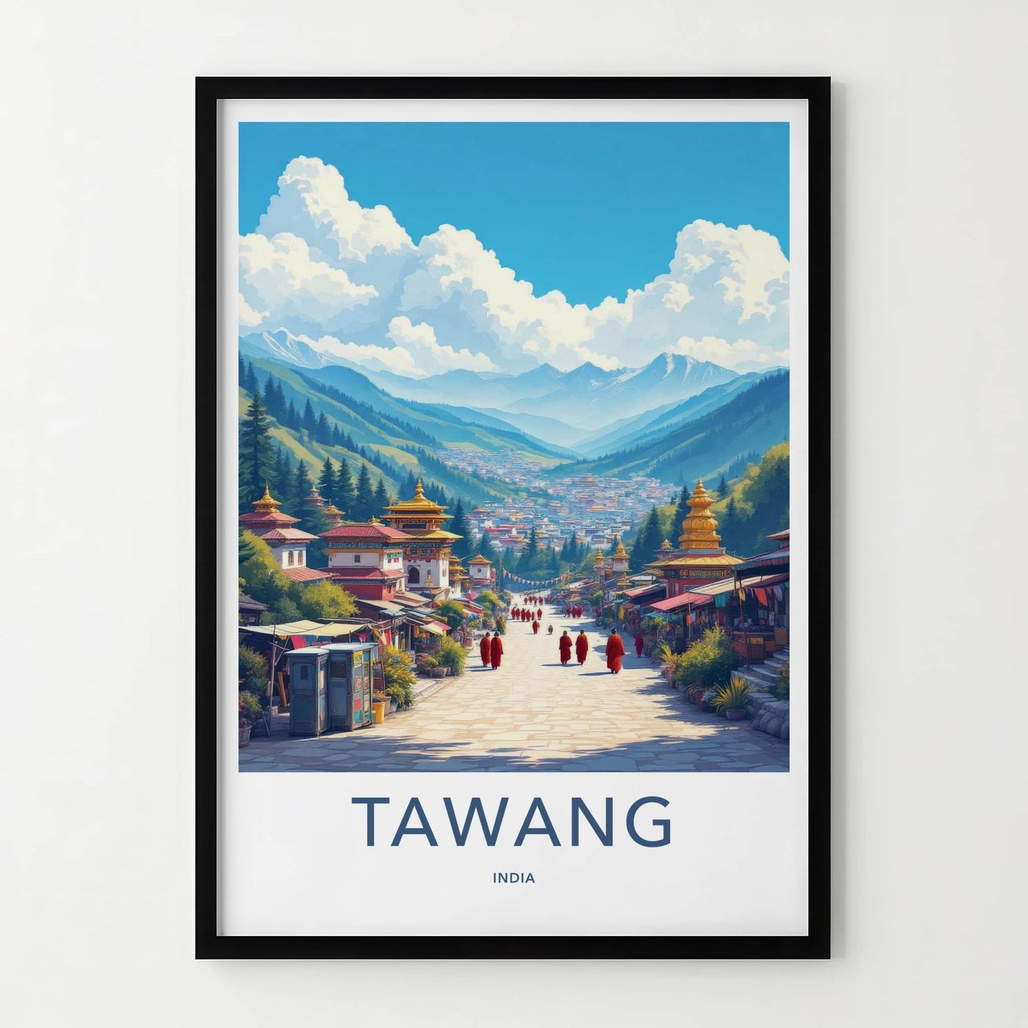 Tawang Poster - India Travel Art - Arunachal Pradesh Buddhist Town Scenic Wall Decor